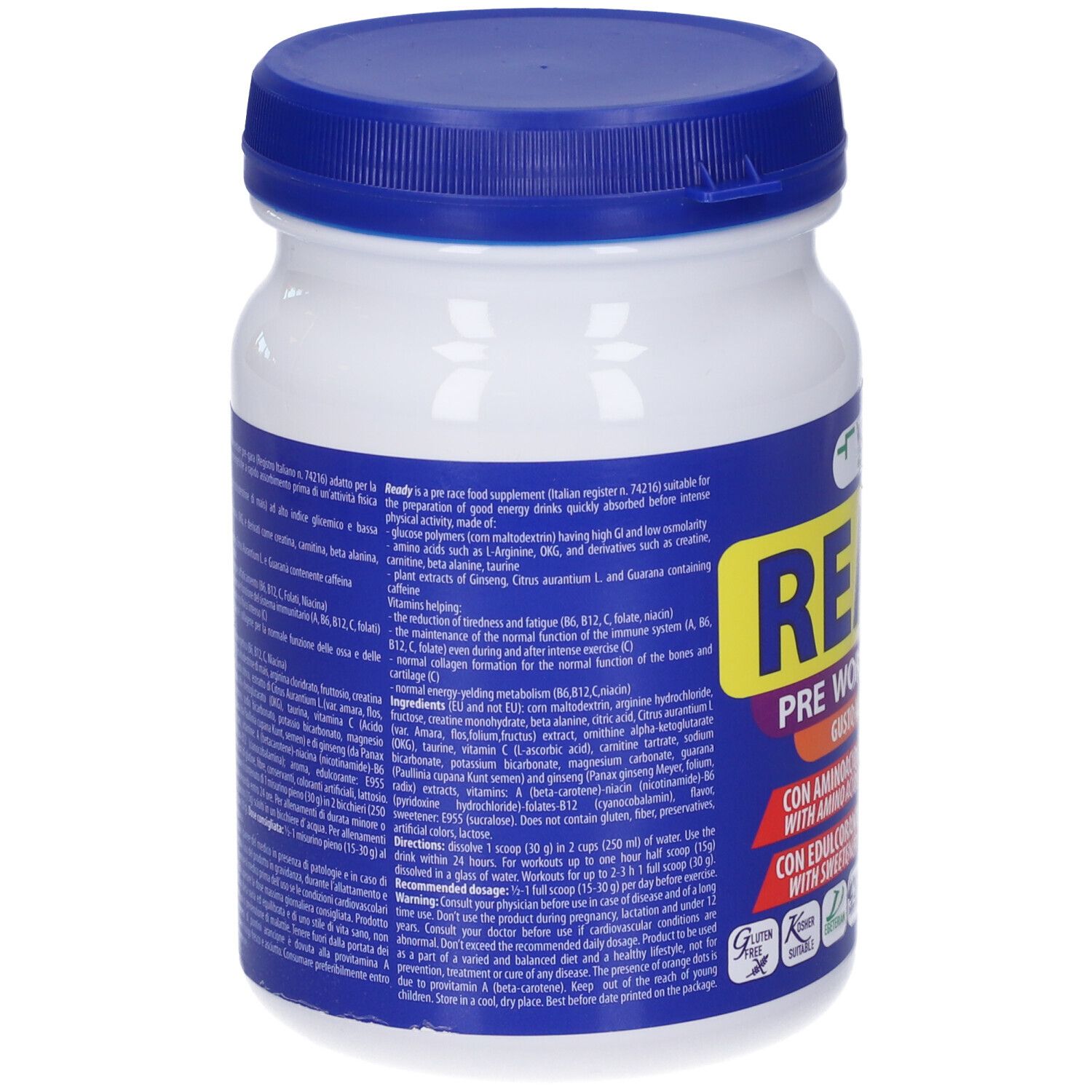 Retro del barattolo bianco e blu. Testo in italiano. Contiene informazioni su ingredienti e utilizzo.