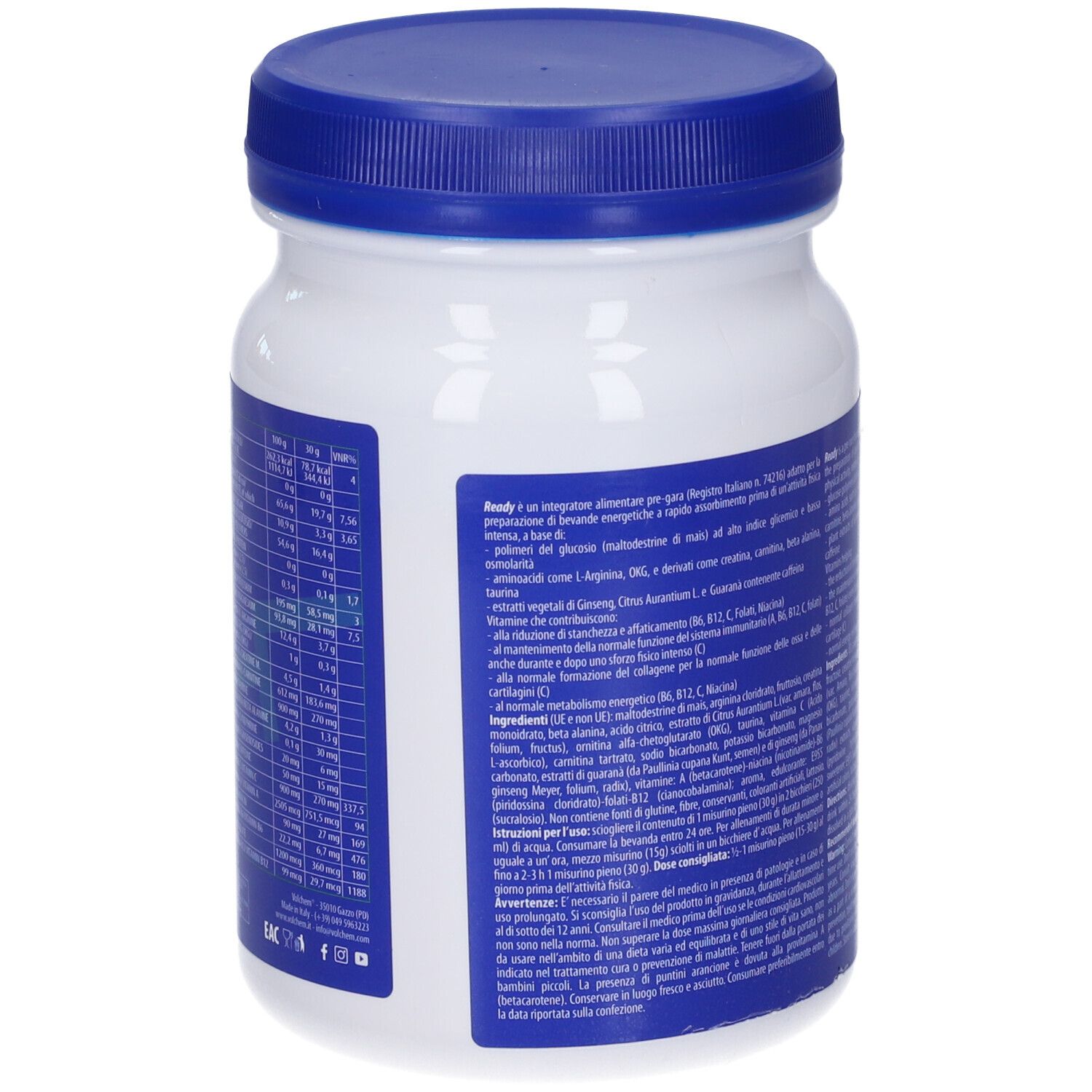 Retro del barattolo bianco e blu. Testo in italiano. Contiene informazioni nutrizionali e istruzioni per l'uso.