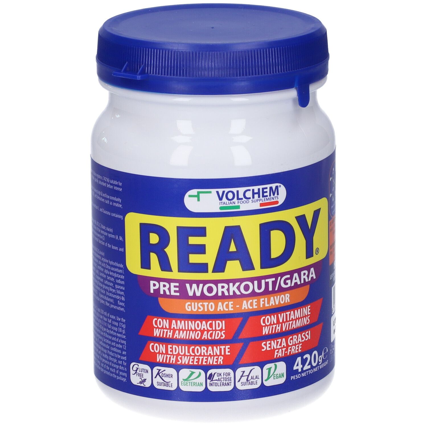 Barattolo bianco e blu. Scritta READY, PRE WORKOUT, Gusto Ace. Contiene aminoacidi, vitamine, dolcificante, senza grassi. 420g.