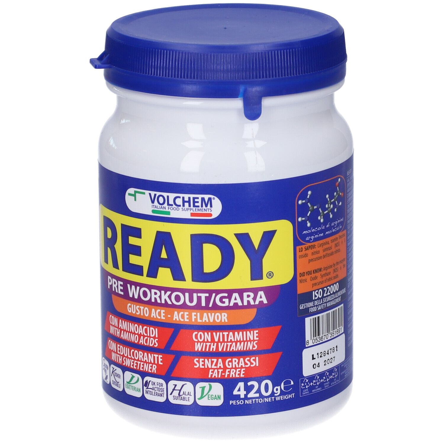 Barattolo bianco e blu. Scritta READY, PRE WORKOUT, Gusto Ace. Contiene aminoacidi, vitamine, dolcificante, senza grassi. 420g. ISO 22000.