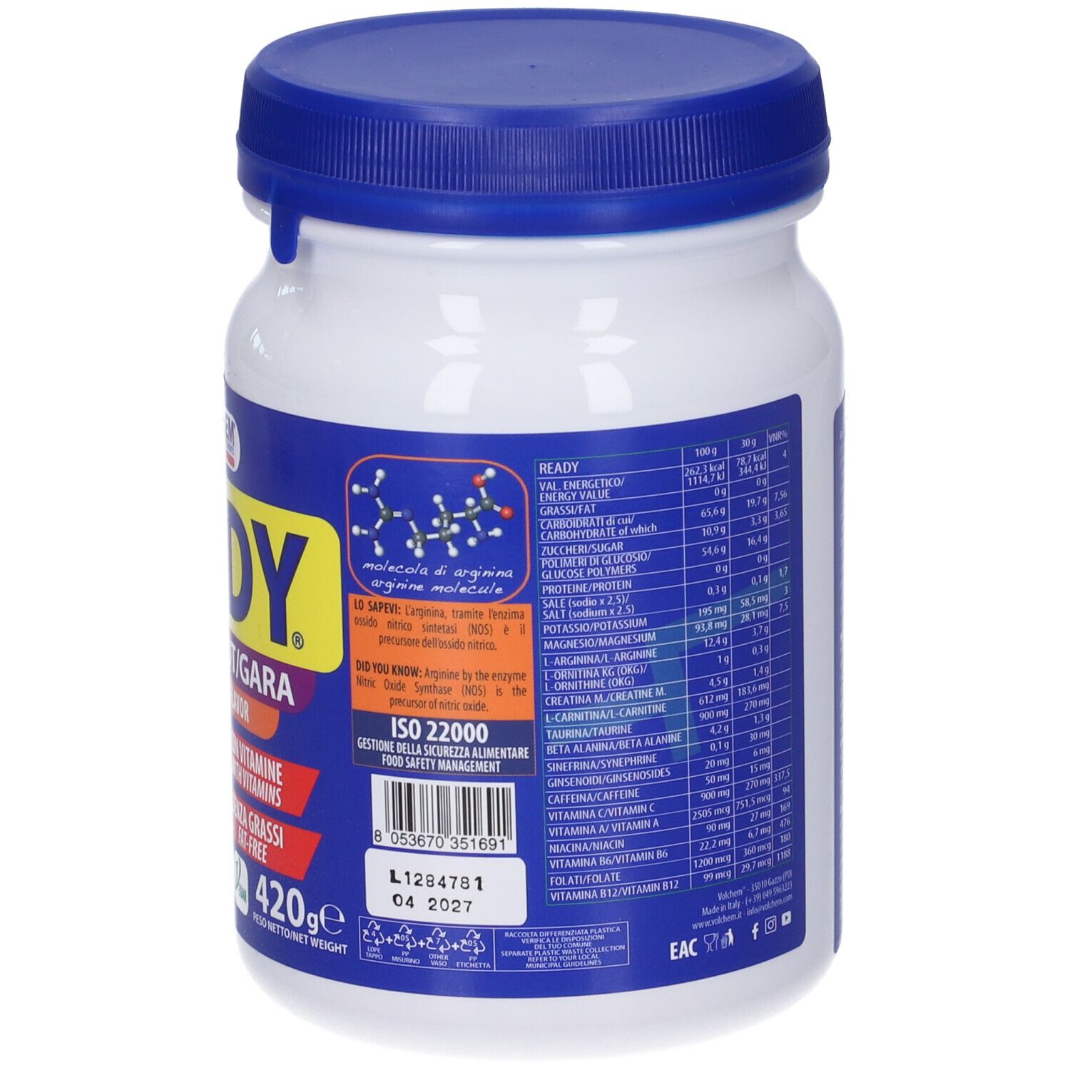 Retro del barattolo bianco e blu. Testo in italiano. Contiene informazioni nutrizionali, certificazioni e numero di lotto.