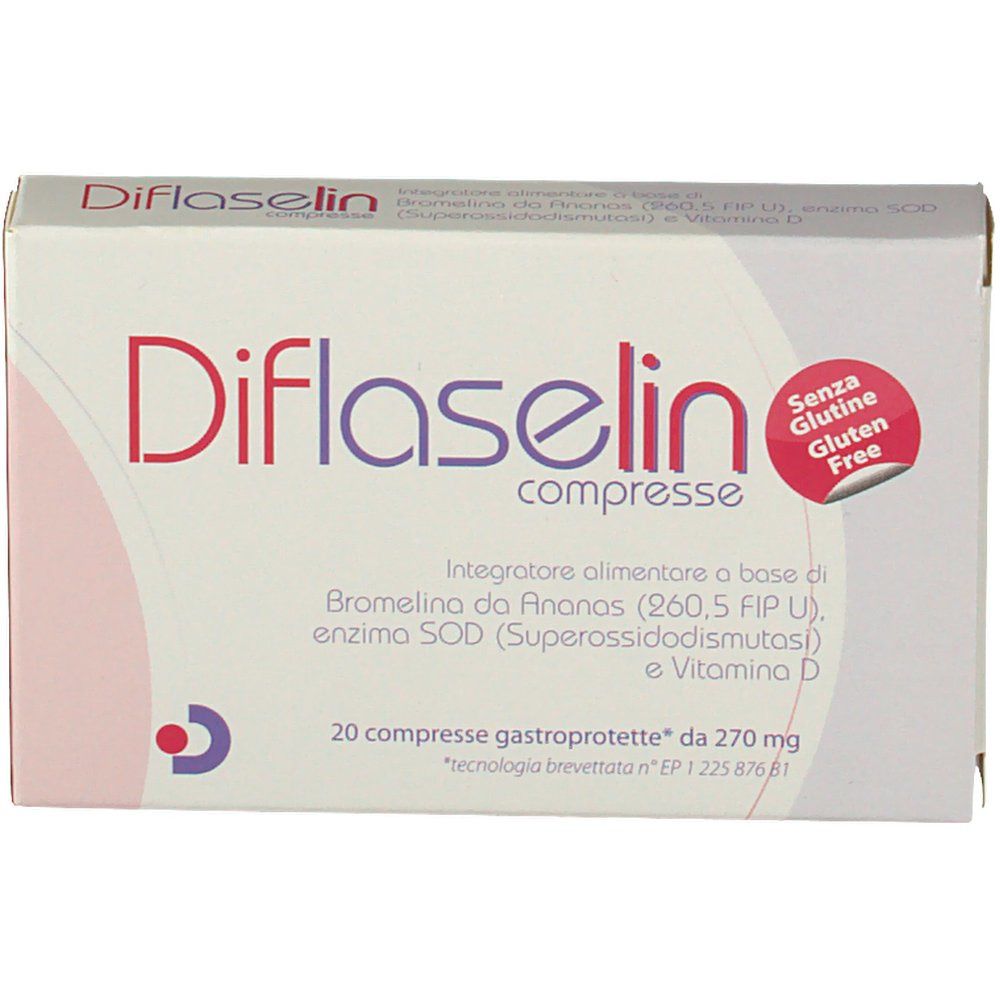 Scatola di compresse Diflaselin. Scritta rossa e bianca. Senza glutine. Contiene 20 compresse.