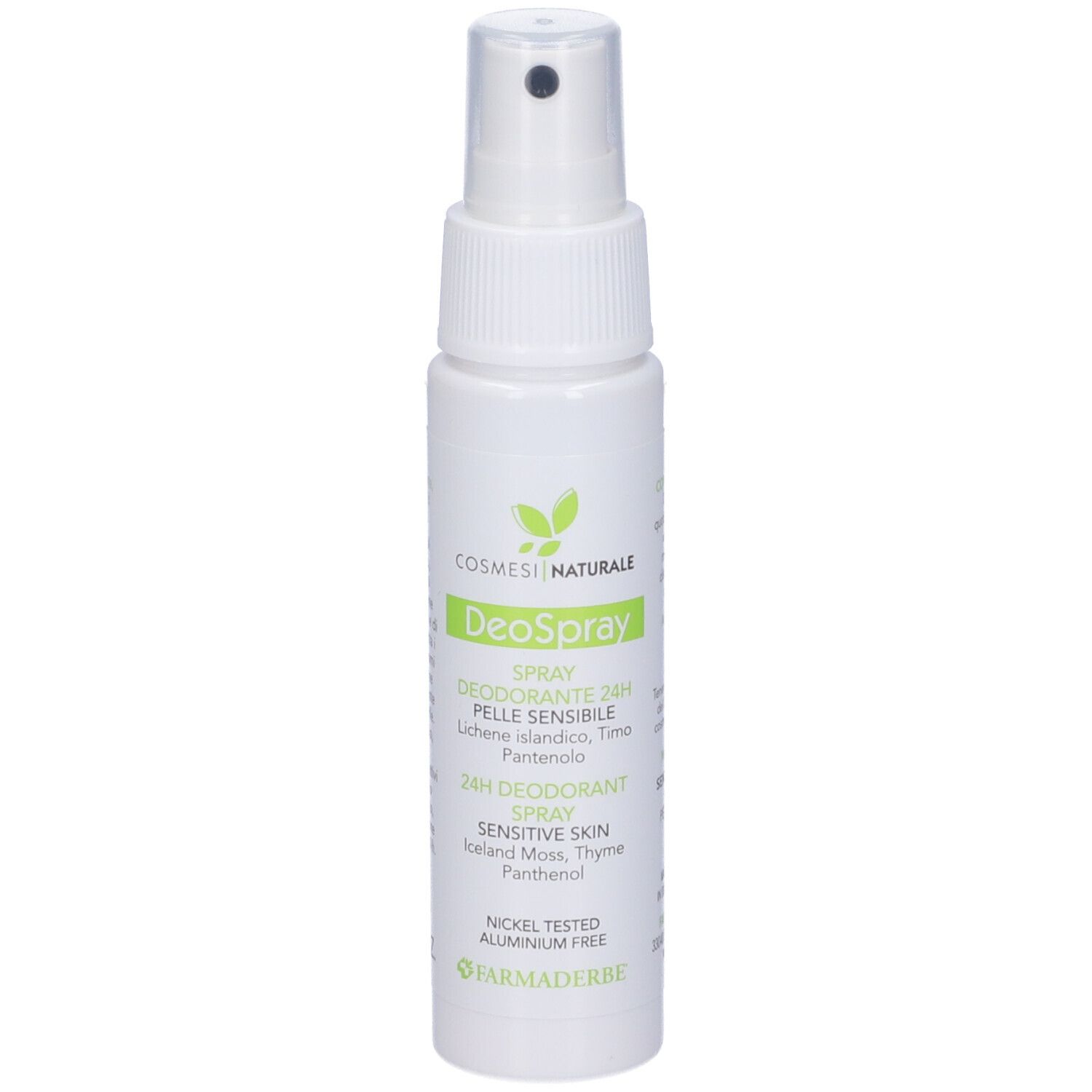 Flacone spray deodorante bianco con erogatore. Scritta verde. Contiene informazioni sugli ingredienti e l'uso.