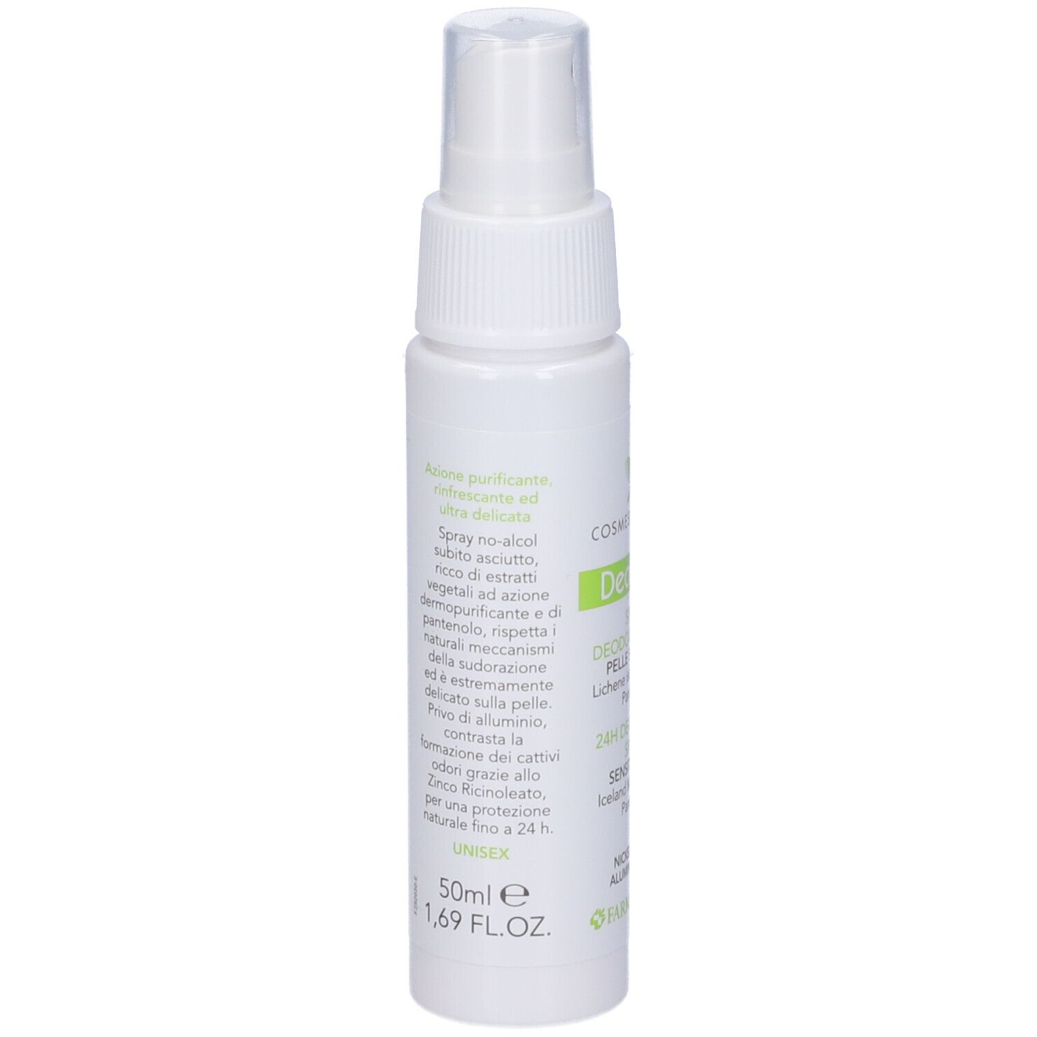 Flacone spray deodorante bianco con erogatore. Scritta verde. Contiene informazioni sugli ingredienti e l'uso.