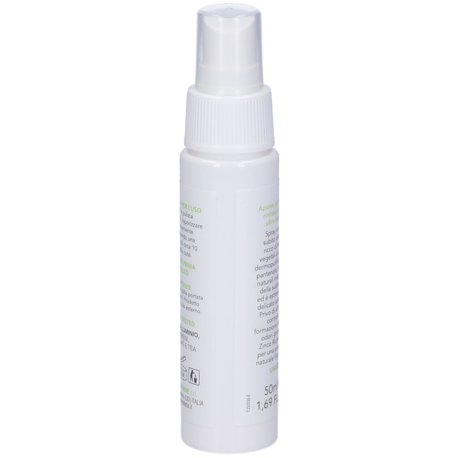 Flacone spray deodorante bianco con erogatore. Scritta verde. Contiene informazioni sugli ingredienti e l'uso.