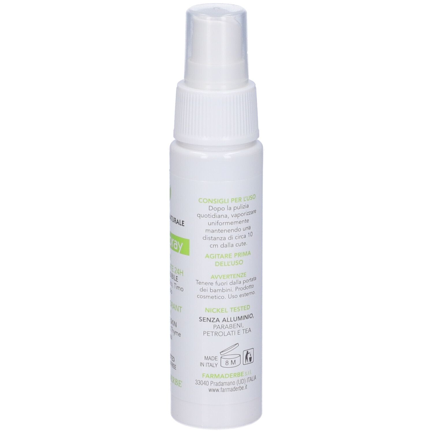 Flacone spray deodorante bianco con erogatore. Scritta verde. Contiene informazioni sugli ingredienti e l'uso.