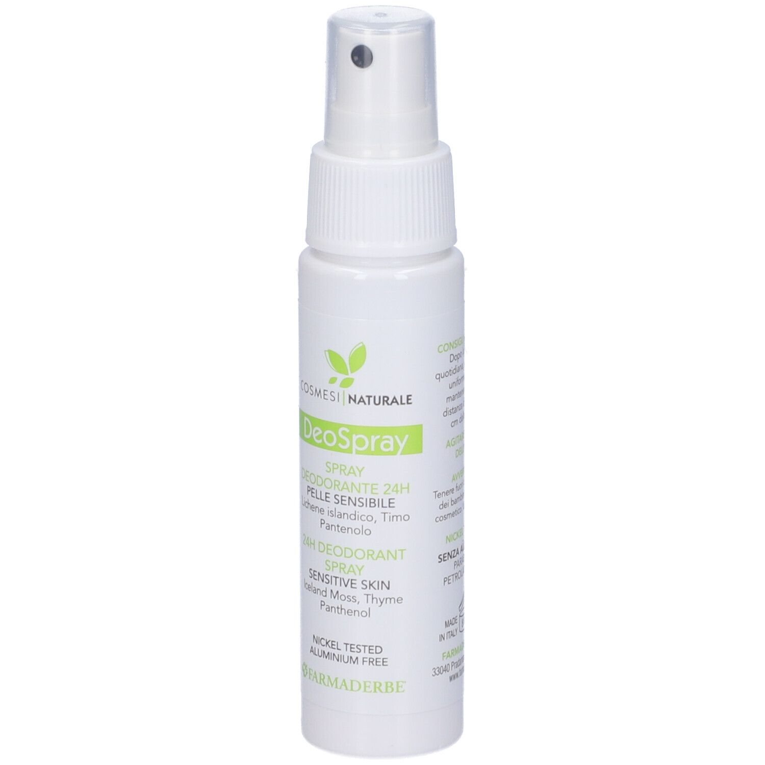 Flacone spray deodorante bianco con erogatore. Scritta verde. Contiene informazioni sugli ingredienti e l'uso.