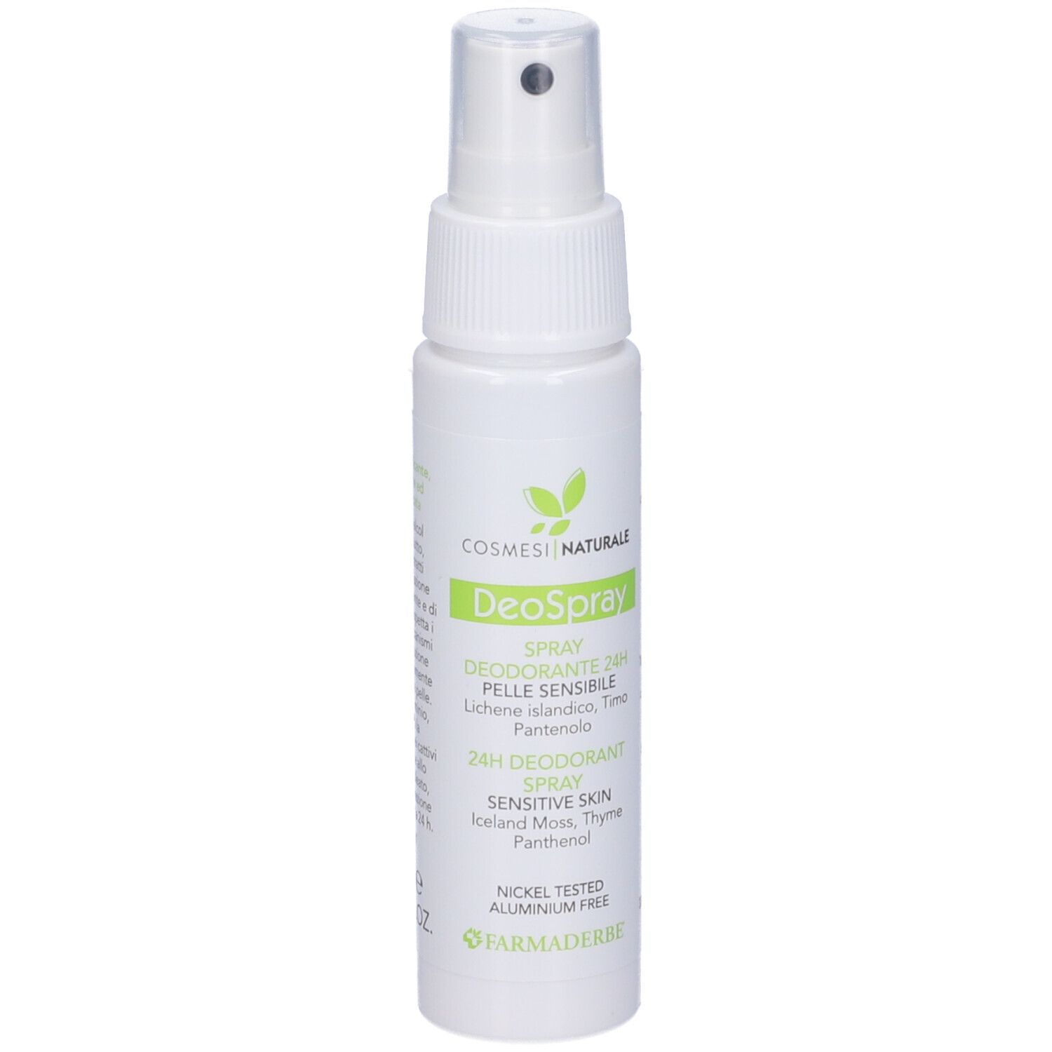 Flacone spray deodorante bianco con erogatore. Scritta verde. Contiene informazioni sugli ingredienti e l'uso.