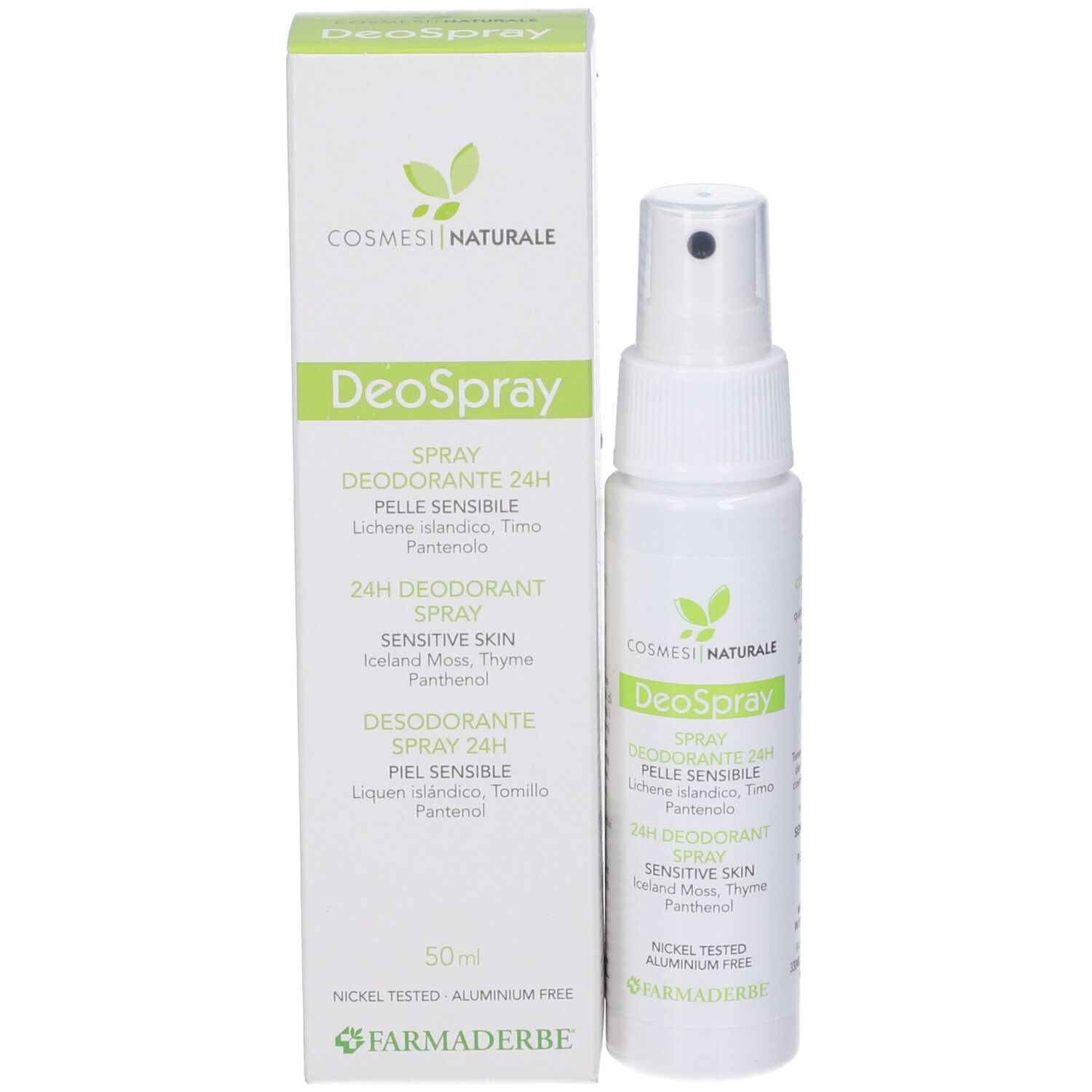 Flacone e confezione di Deospray. Bianco, con scritte verdi. Contiene informazioni sugli ingredienti e l'uso.