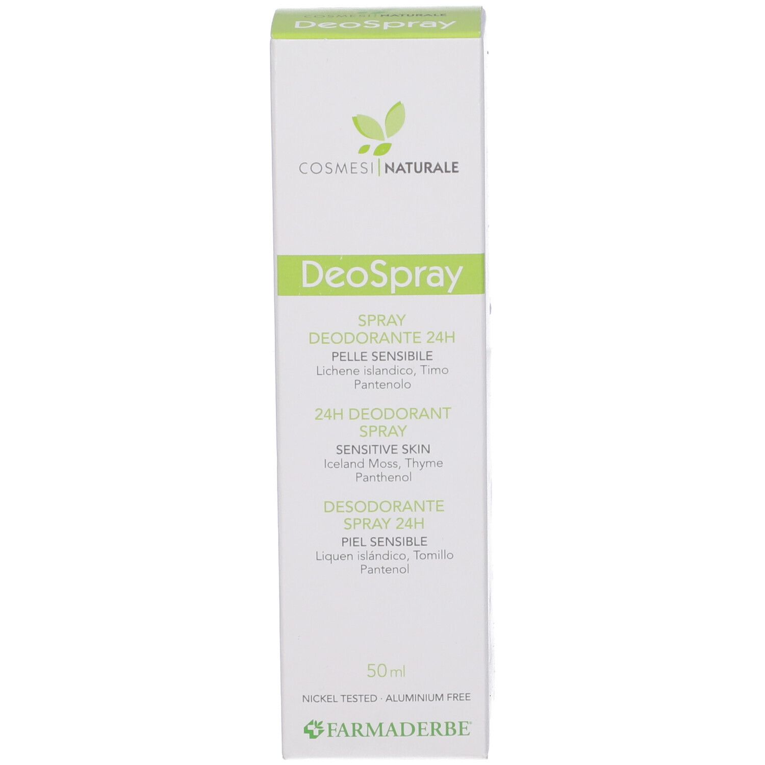 Confezione di Deospray. Bianca, con scritte verdi. Contiene informazioni sugli ingredienti e l'uso.