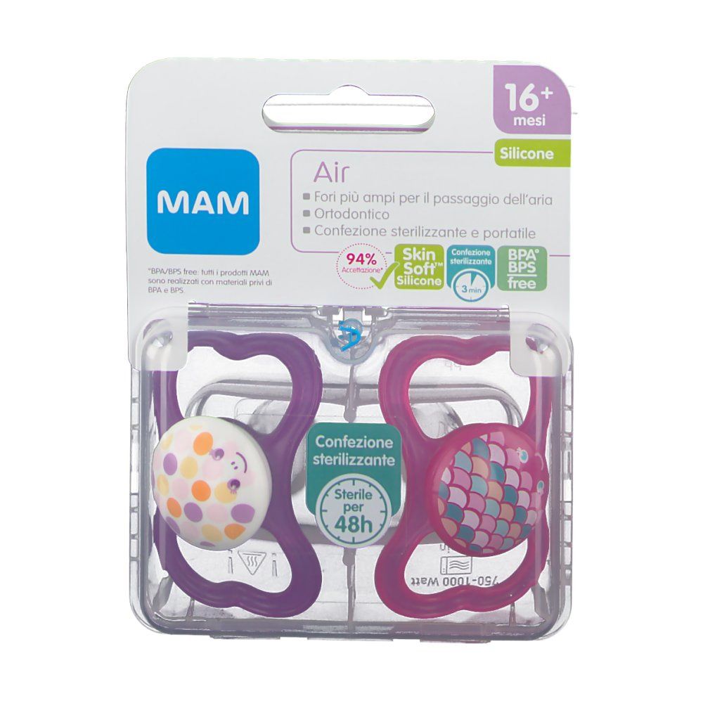 Confezione con due succhietti. Rosa e bianco con motivi colorati. Logo MAM e indicazione di età 16+ mesi. Sterilizzabile.