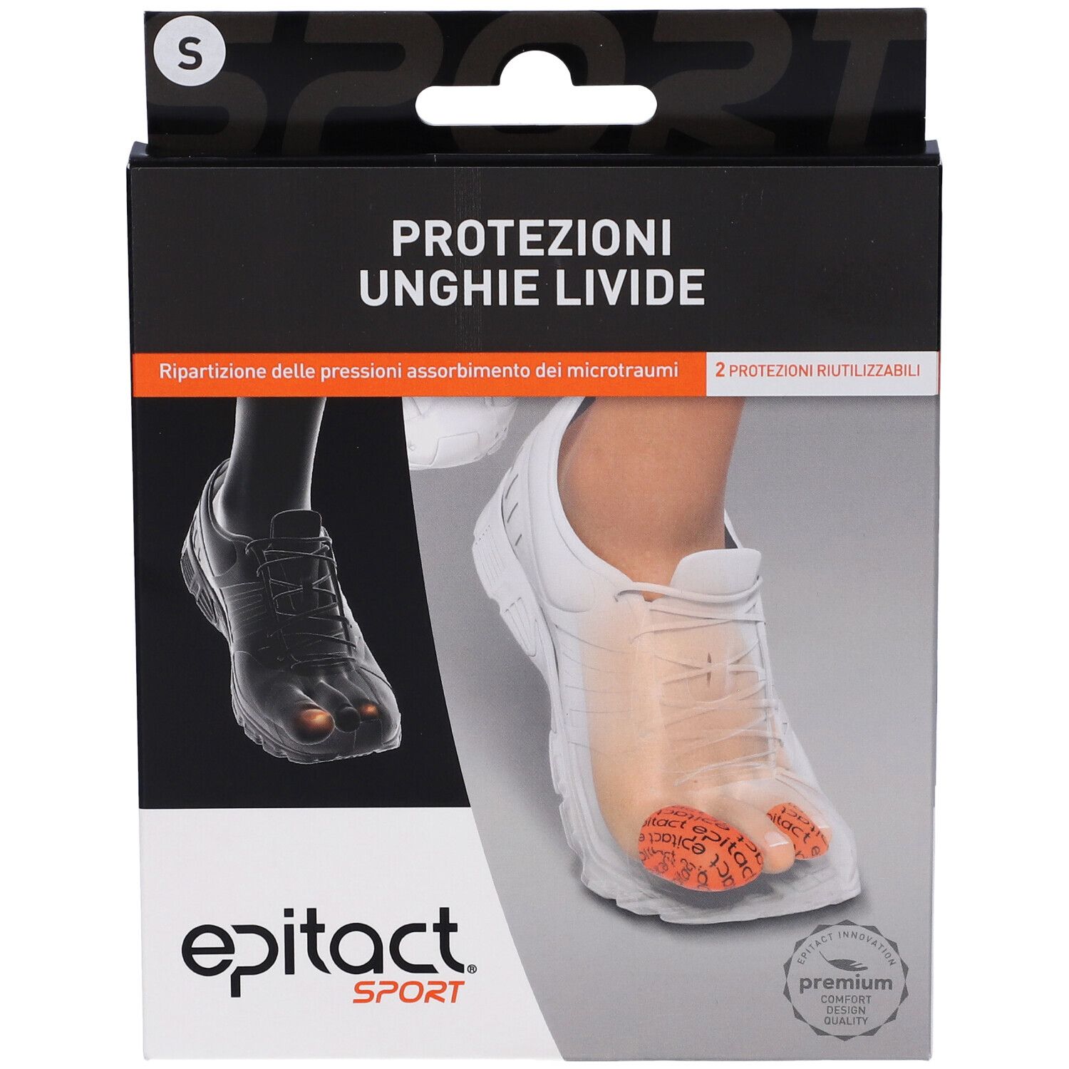 Confezione nera. Scritta: PROTEZIONI UNGHIE LIVIDE. Marchio: Epitact Sport. Taglia S.