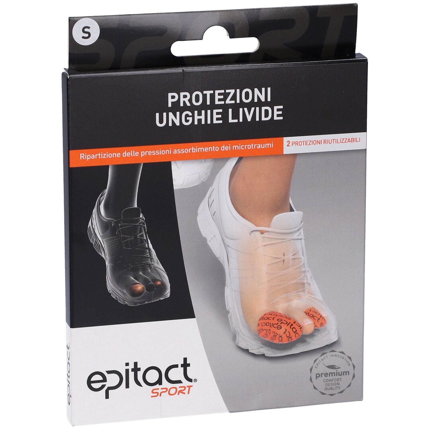 Confezione nera. Scritta: PROTEZIONI UNGHIE LIVIDE. Marchio: Epitact Sport. Taglia S.