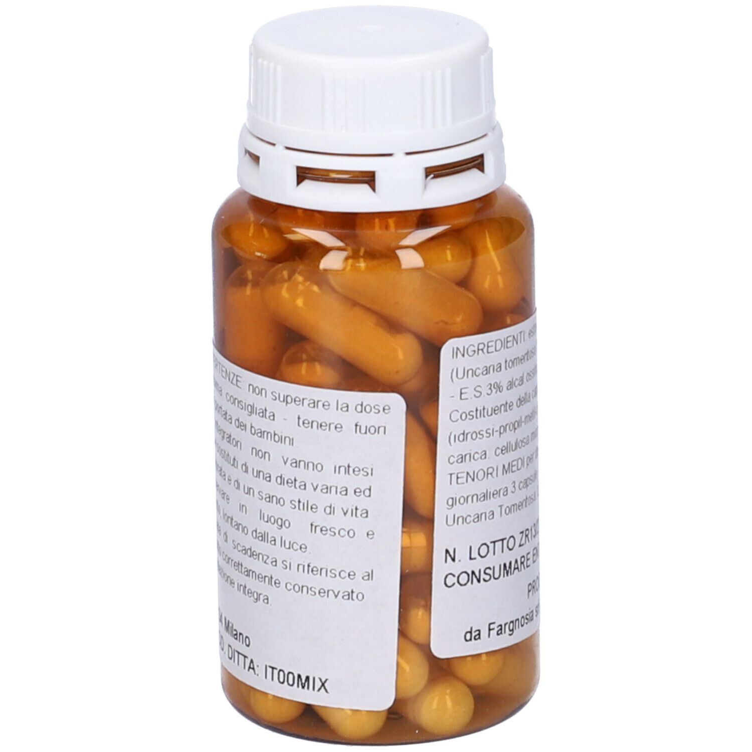 Capsule marroni in flacone marrone con tappo bianco. Etichetta con ingredienti e avvertenze.