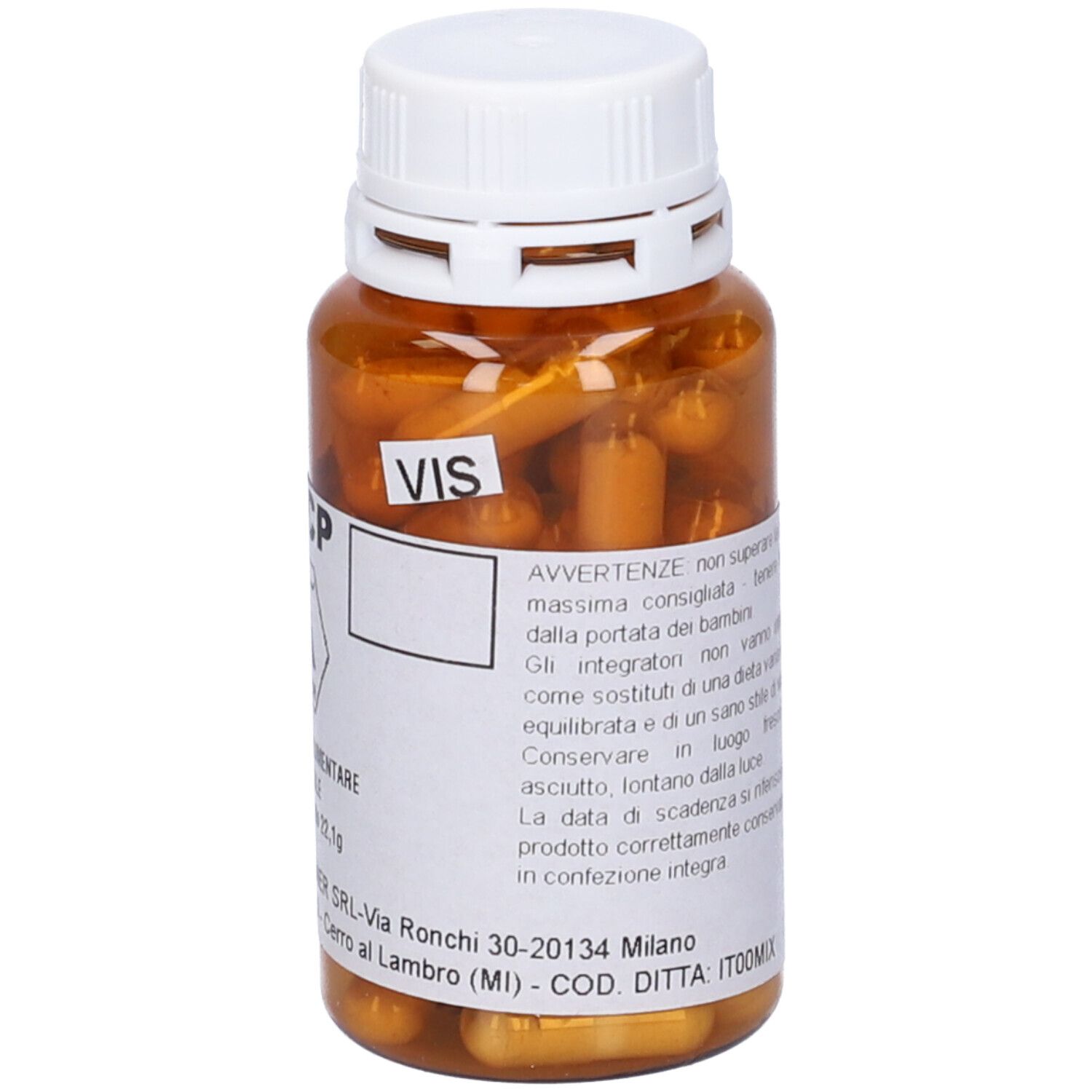 Capsule marroni in flacone marrone, tappo bianco. Scritta 'VIS' e nome prodotto sull'etichetta.