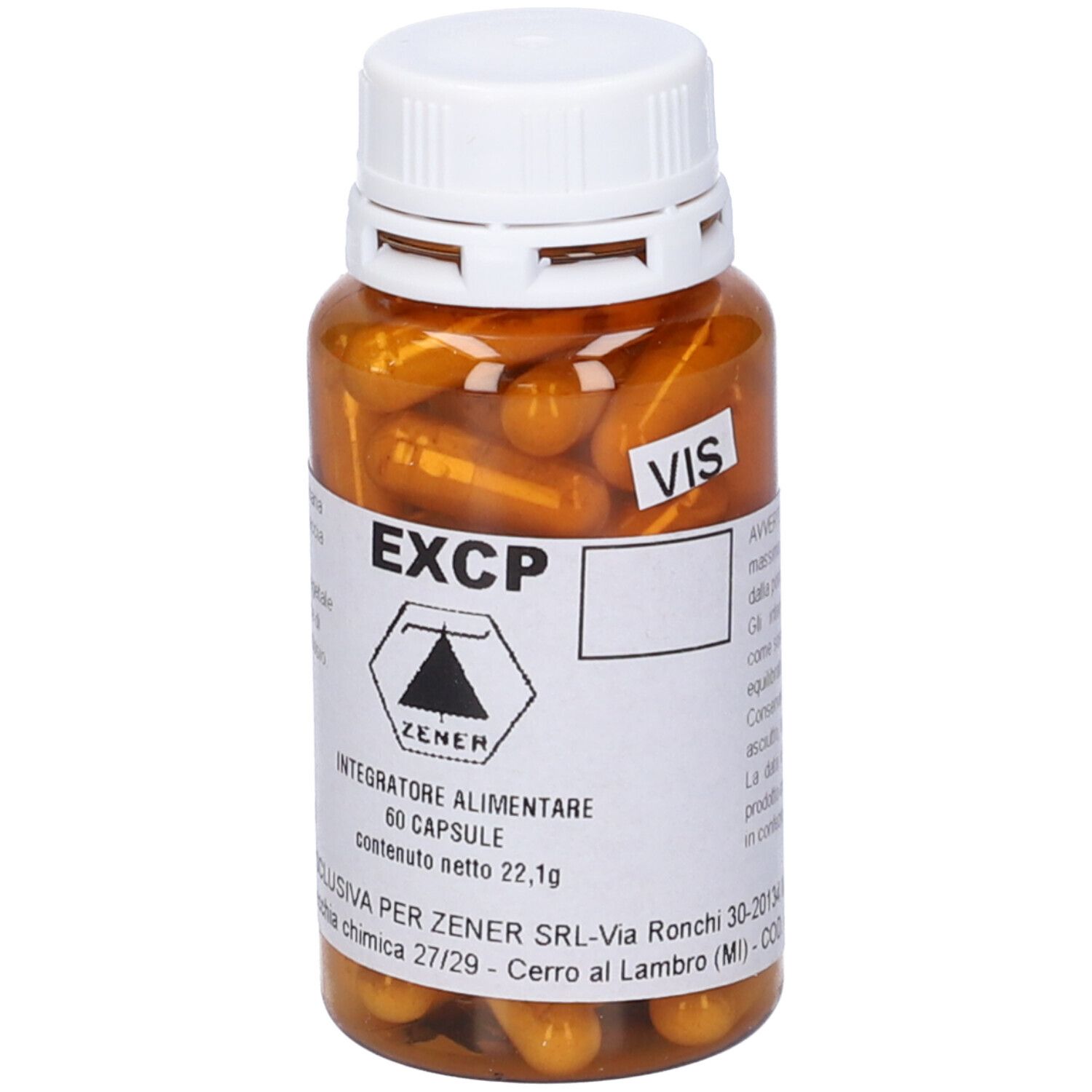 Capsule marroni in flacone marrone, tappo bianco. Nome prodotto e logo sull'etichetta.