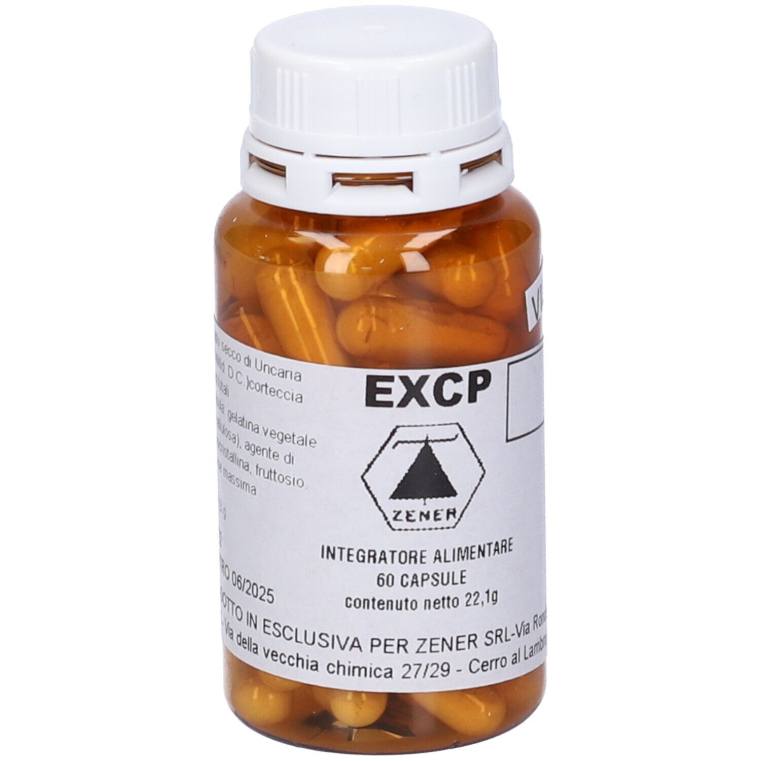 Capsule marroni in flacone marrone, tappo bianco. Nome prodotto e logo sull'etichetta.