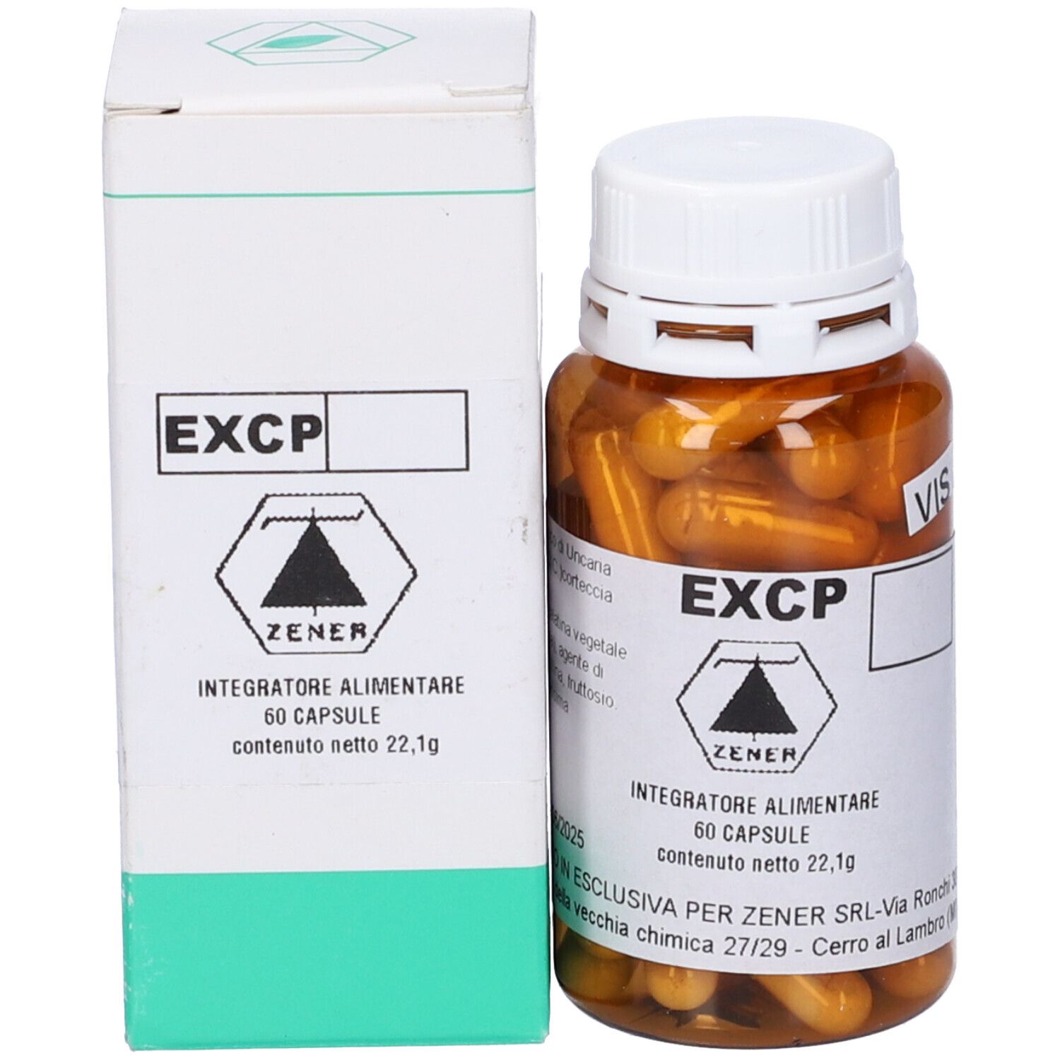 Capsule marroni in flacone marrone e scatola bianca. Nome prodotto e logo visibili.