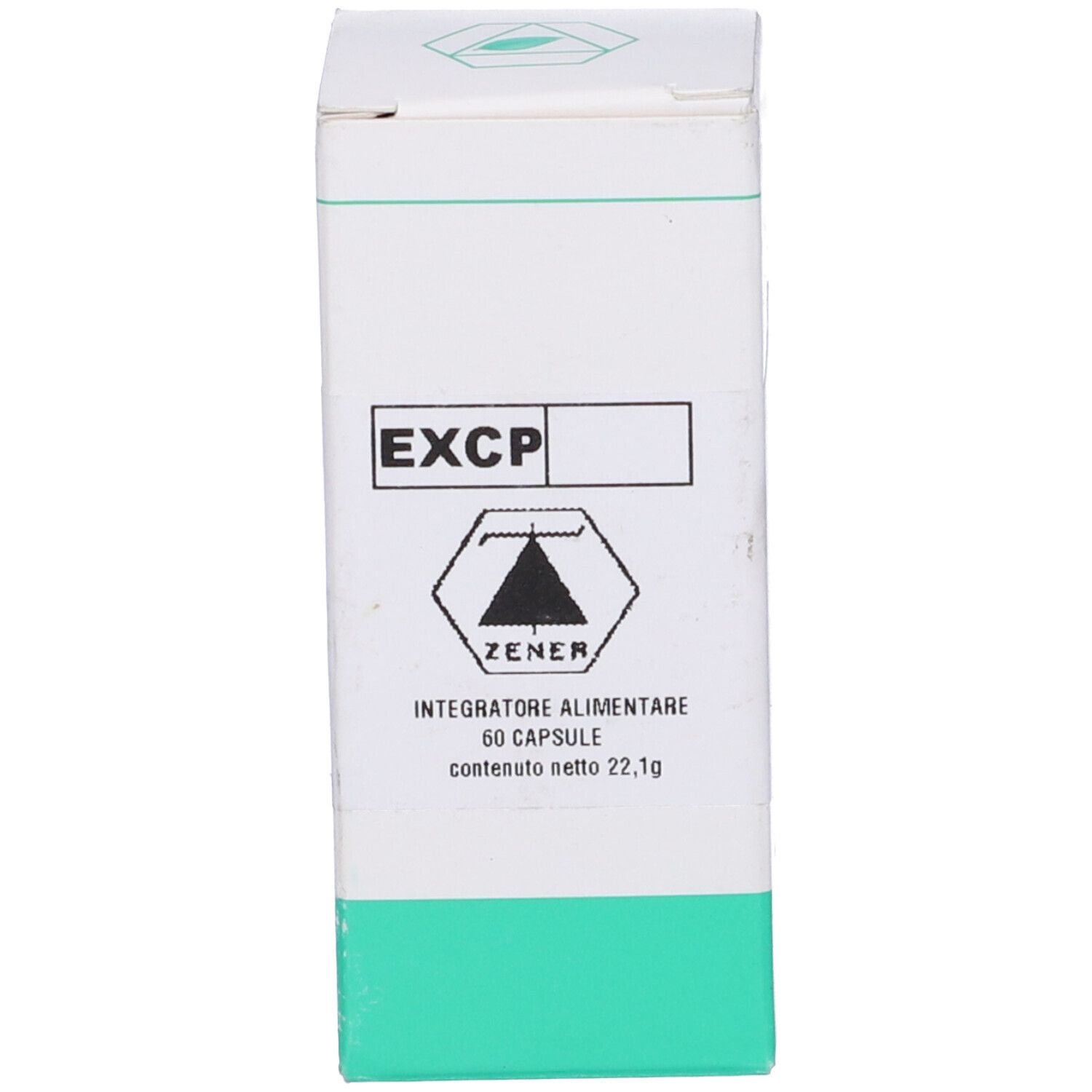 Scatola bianca con nome prodotto e logo. Accenti verdognoli.