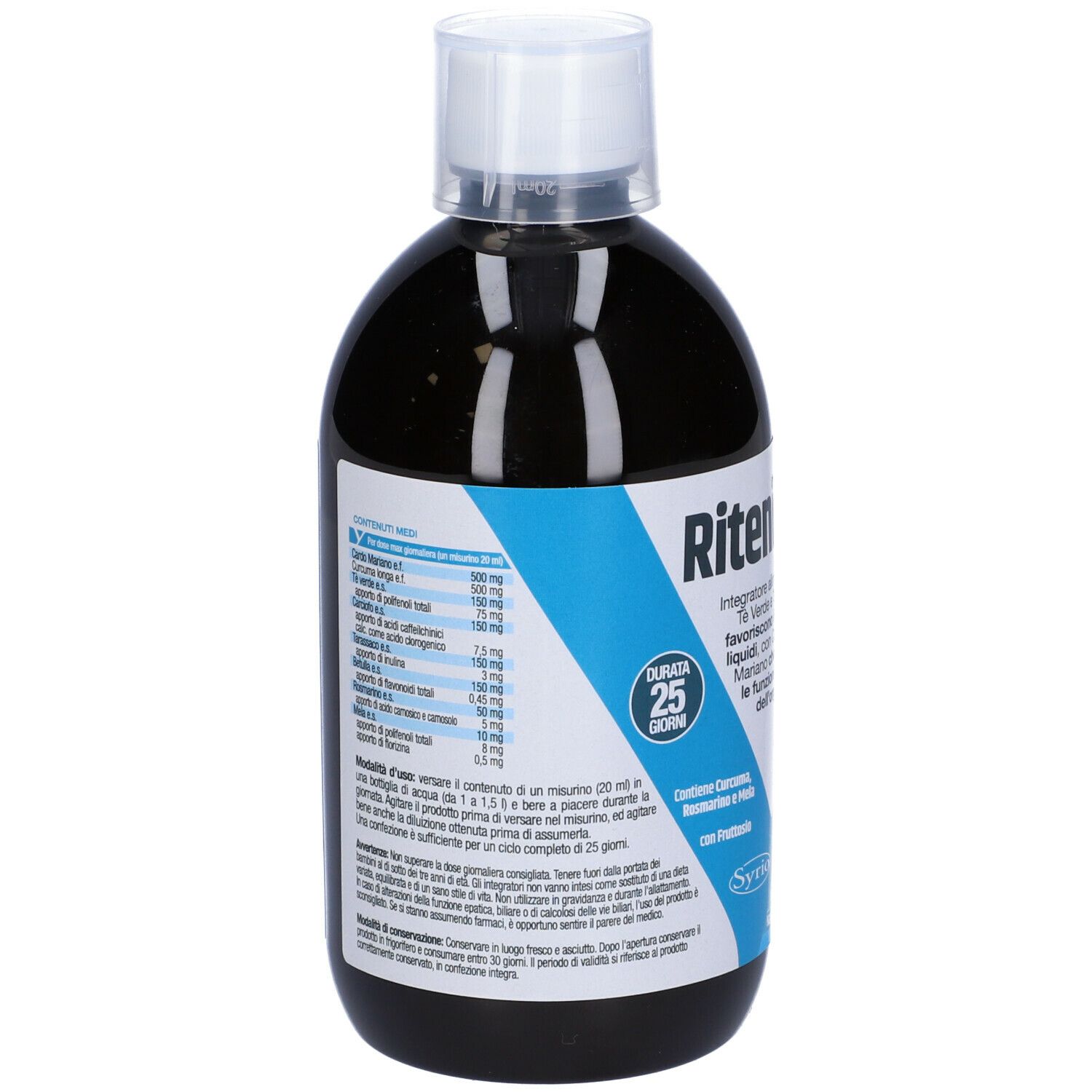 Flacone scuro con tappo bianco. Scritta "Ritenil". Etichetta blu con ingredienti e testo. Cura di 25 giorni.
