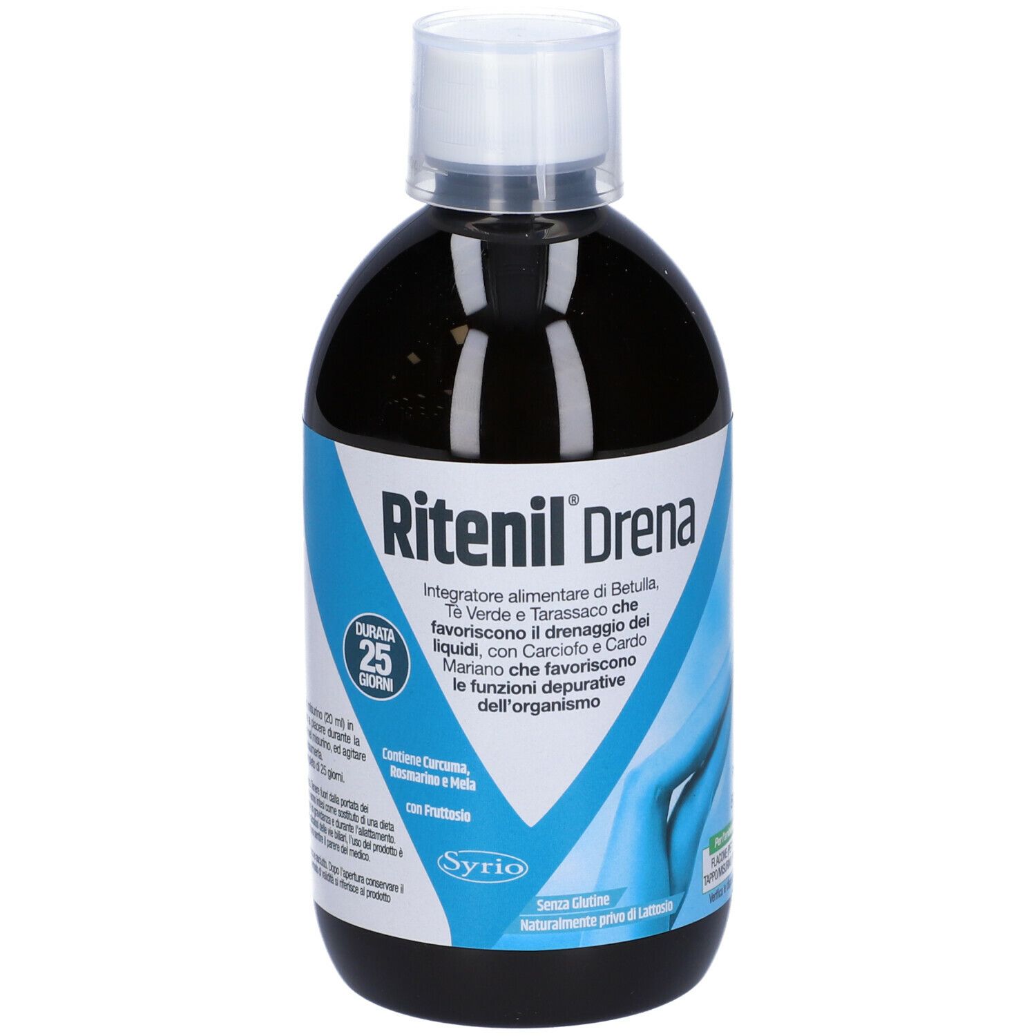 Flacone scuro con tappo bianco. Scritta "Ritenil Drena". Etichetta blu con testo e logo. Cura di 25 giorni.