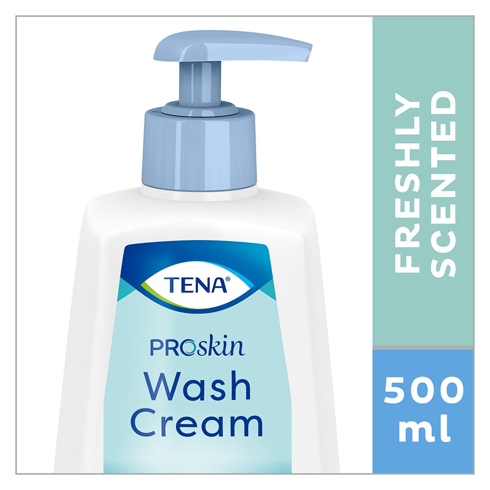 Primo piano del flacone con dosatore blu. Scritta: TENA Proskin Wash Cream, 500 ml.