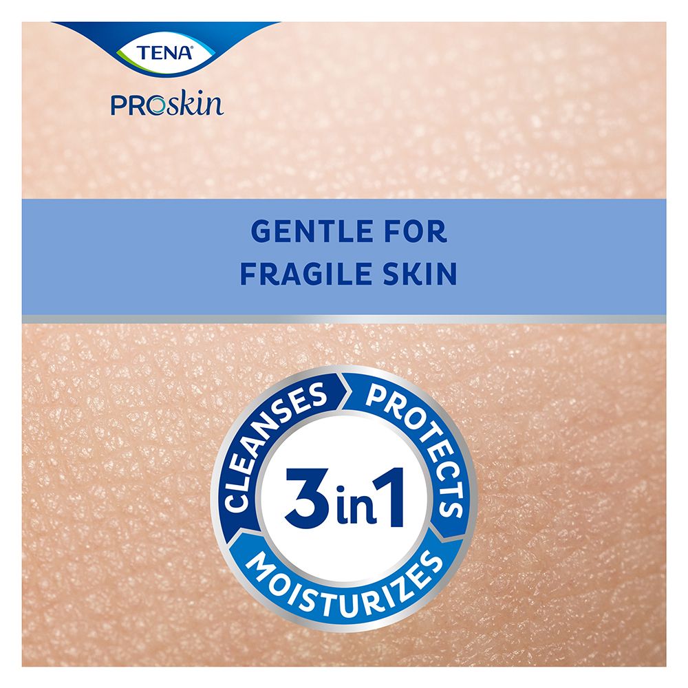 Pelle texturizzata con scritta: TENA Proskin, 3in1, delicato per pelli fragili.