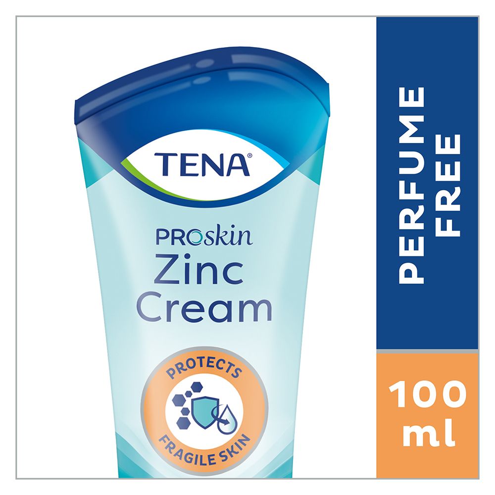 Tubo di crema Tena ProSkin Zinc. Contiene il 10% di ossido di zinco. Senza profumo. 100ml.