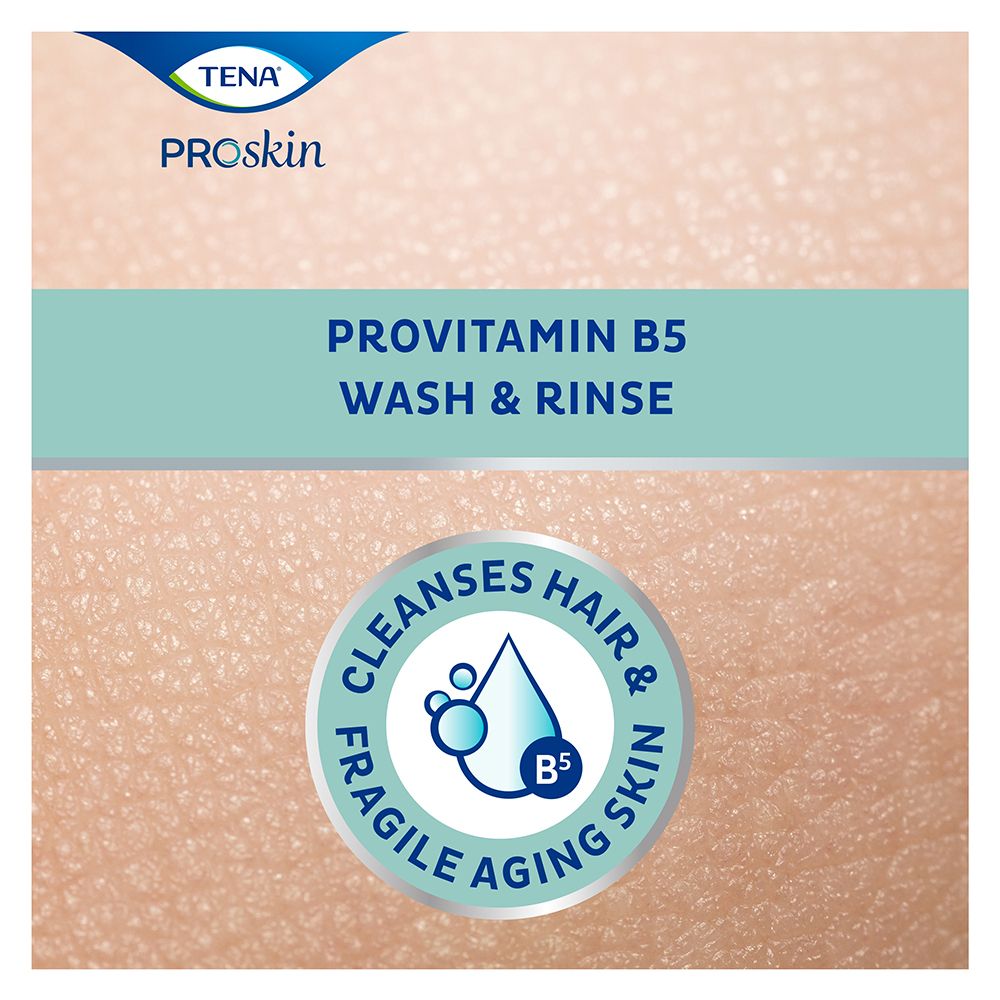 Primo piano della pelle con testo. Scritta: Provitamina B5, Wash & Rinse. Cerchio: Cleanses Hair & Fragile Aging Skin.