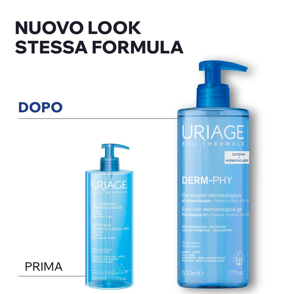Due flaconi di gel doccia Uriage Derm-Phy con dispenser blu. Uno più piccolo e uno più grande da 500ml.