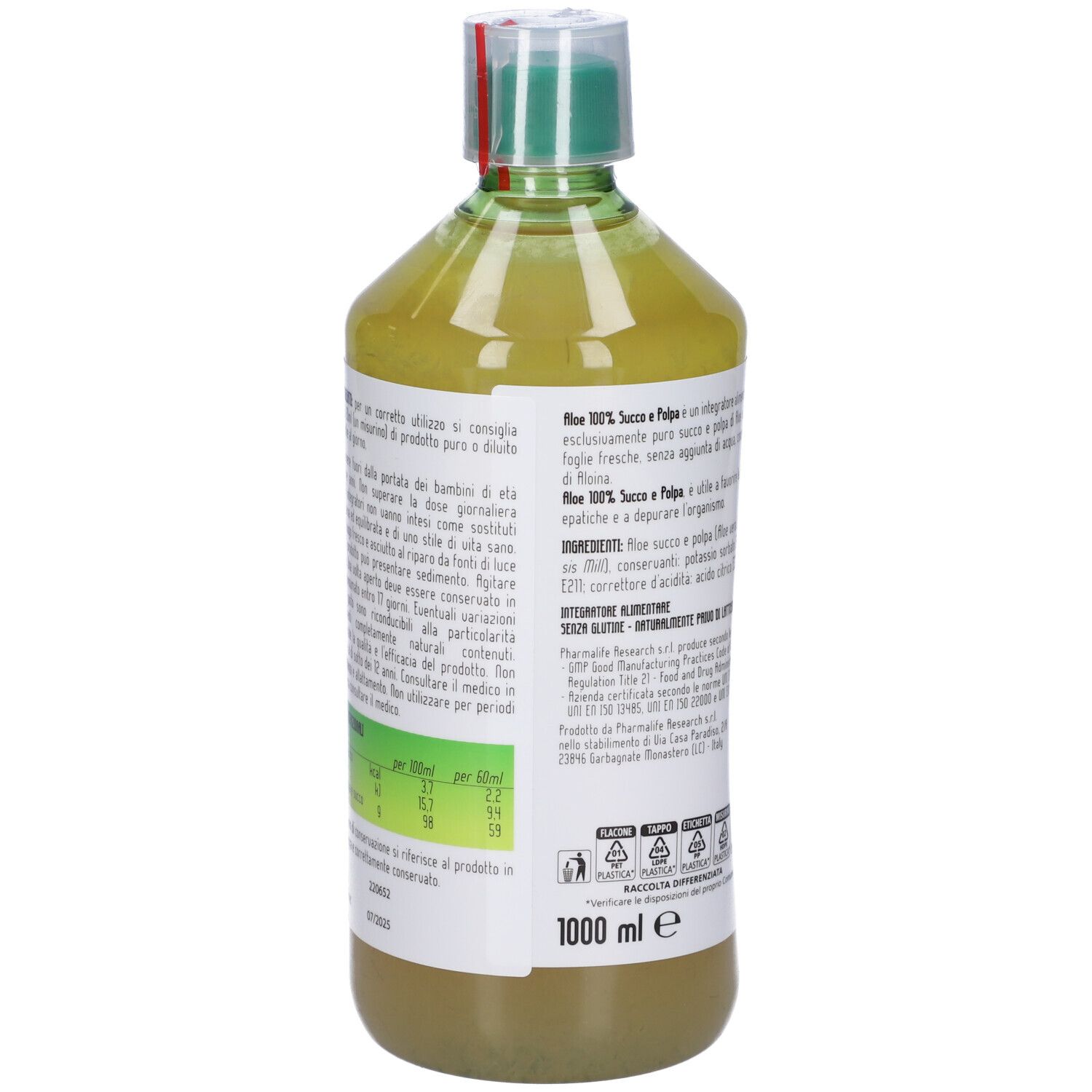 Bottiglia verde con etichetta. Testo: Aloe 100% Succo e Polpa. Volume: 1000 ml. Informazioni e ingredienti. Integratore alimentare.