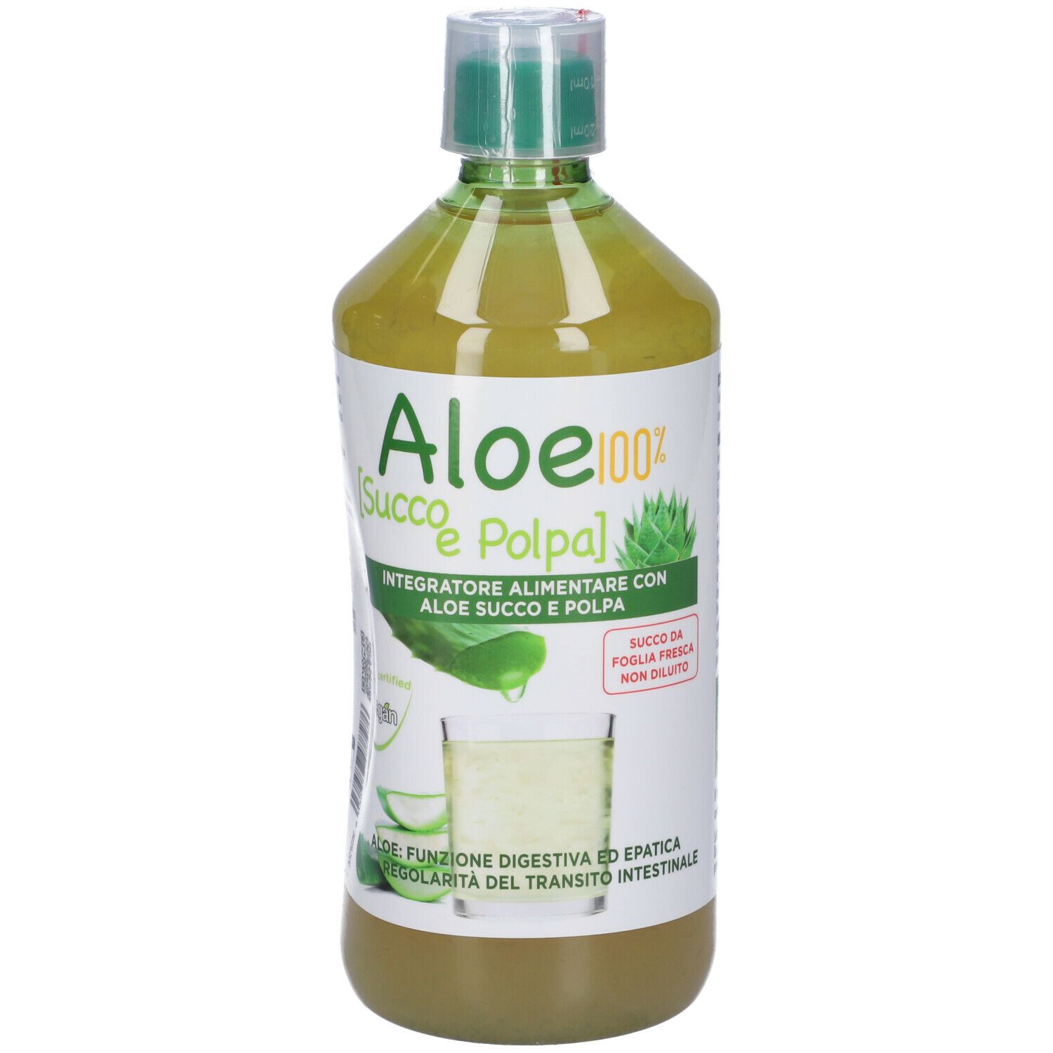 Bottiglia verde con etichetta. Testo: Aloe 100% Succo e Polpa. Immagine di foglia di aloe e bicchiere. Integratore alimentare.