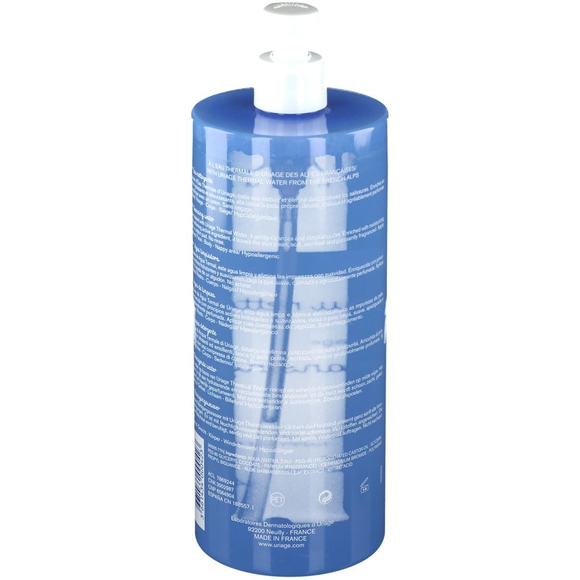 Flacone blu con dosatore bianco. Retro con testo. Scritta: URIAGE. Prodotto in Francia.