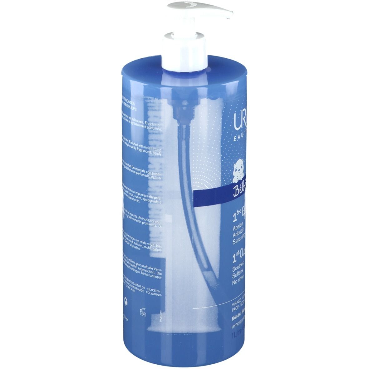 Flacone blu con dosatore bianco. Scritta: URIAGE Bébé 1er Eau nettoyante. Per viso, corpo, zona pannolino.