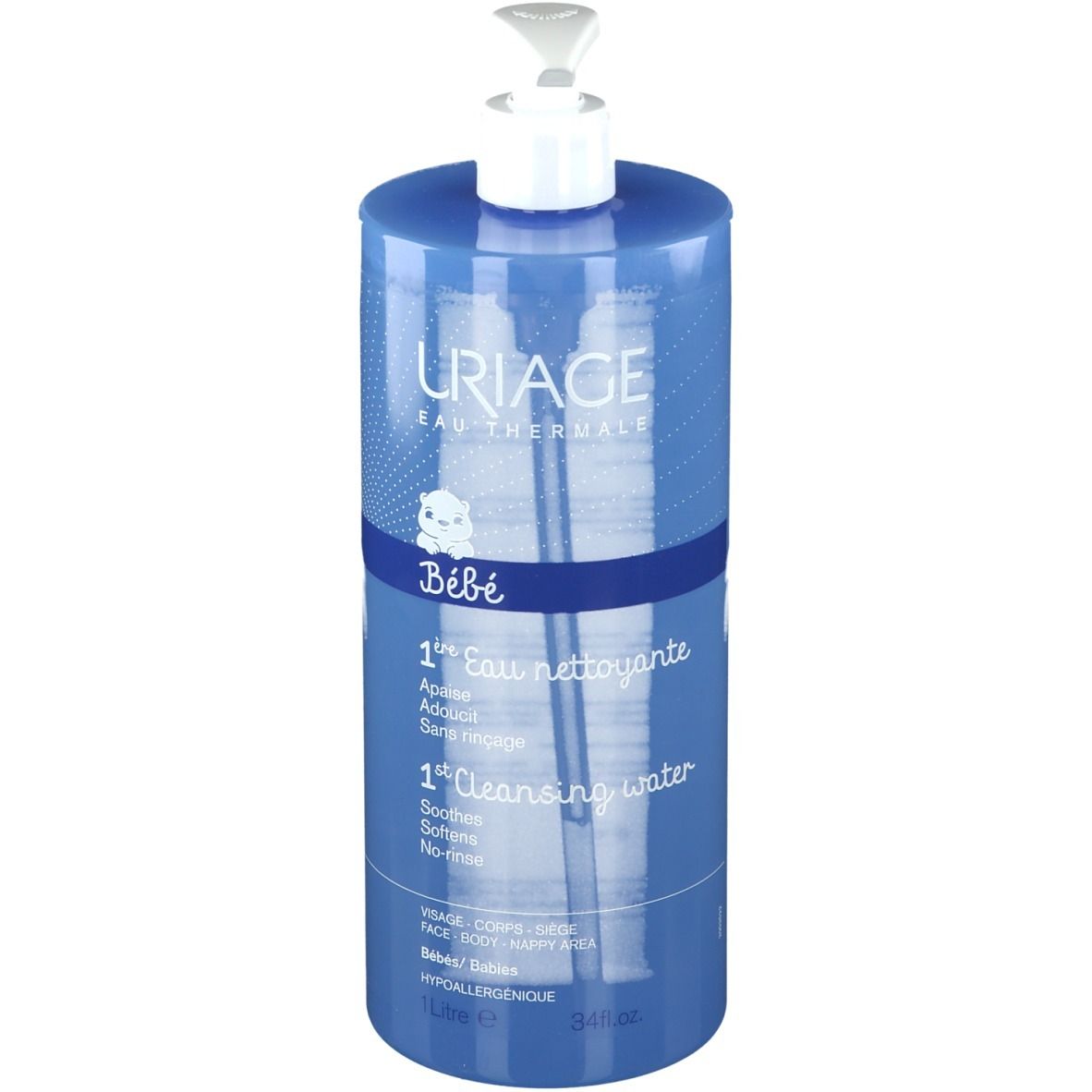 Flacone blu con dosatore bianco. Scritta: URIAGE Bébé 1er Eau nettoyante. Per viso, corpo, zona pannolino.