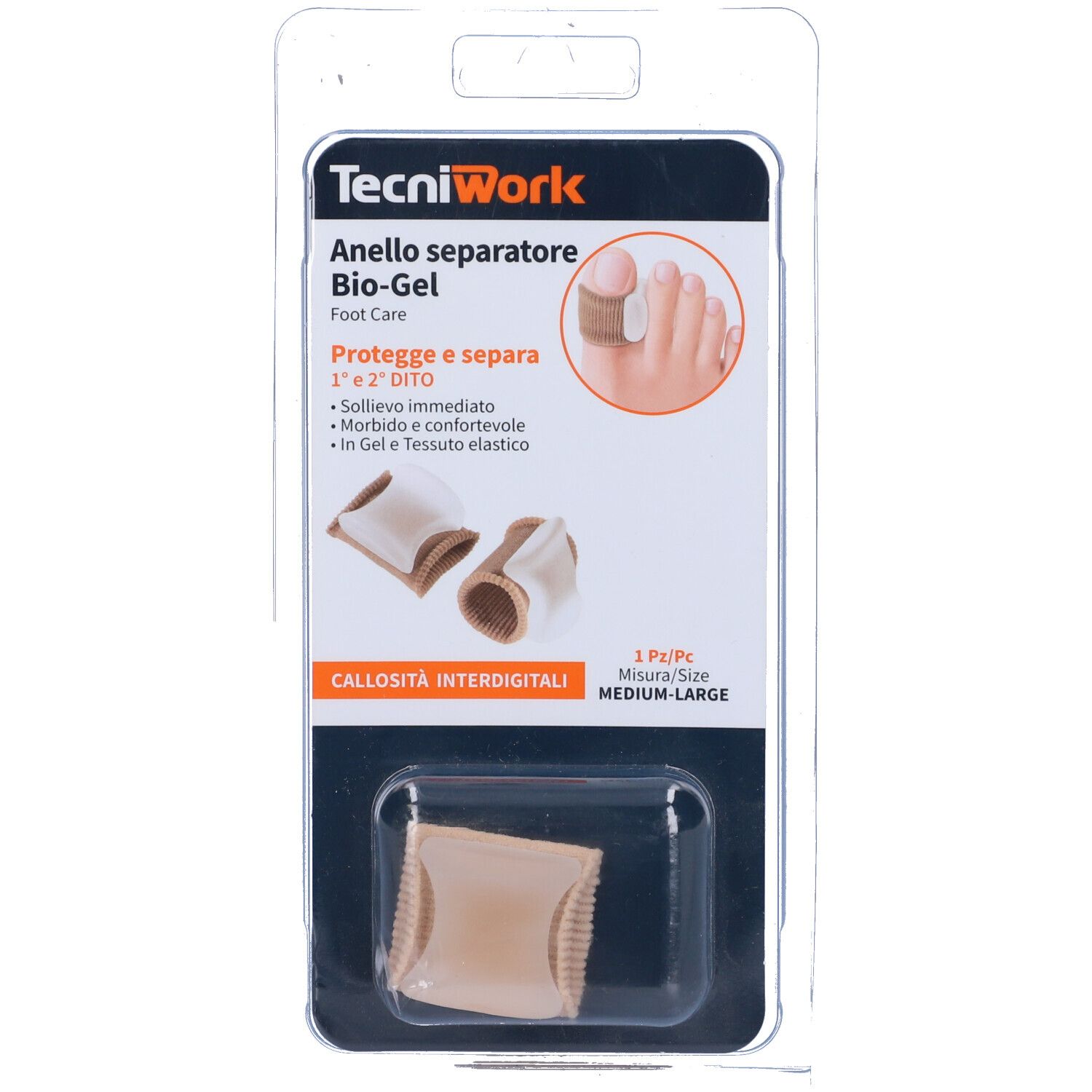 Confezione con separatori per dita. Marchio TecniWork. Testo: Anello separatore Bio-Gel. Taglia M/L. Immagine di un piede.