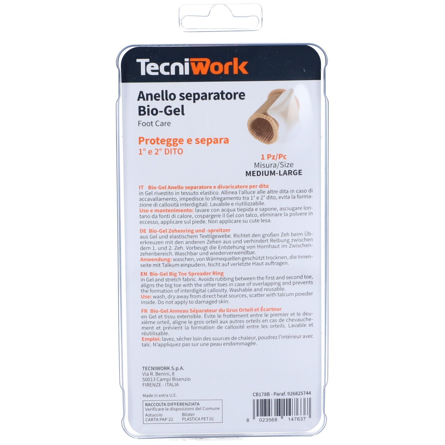 Retro della confezione. Testo: TecniWork, Anello separatore Bio-Gel. Descrizione prodotto multilingue. Taglia M/L.