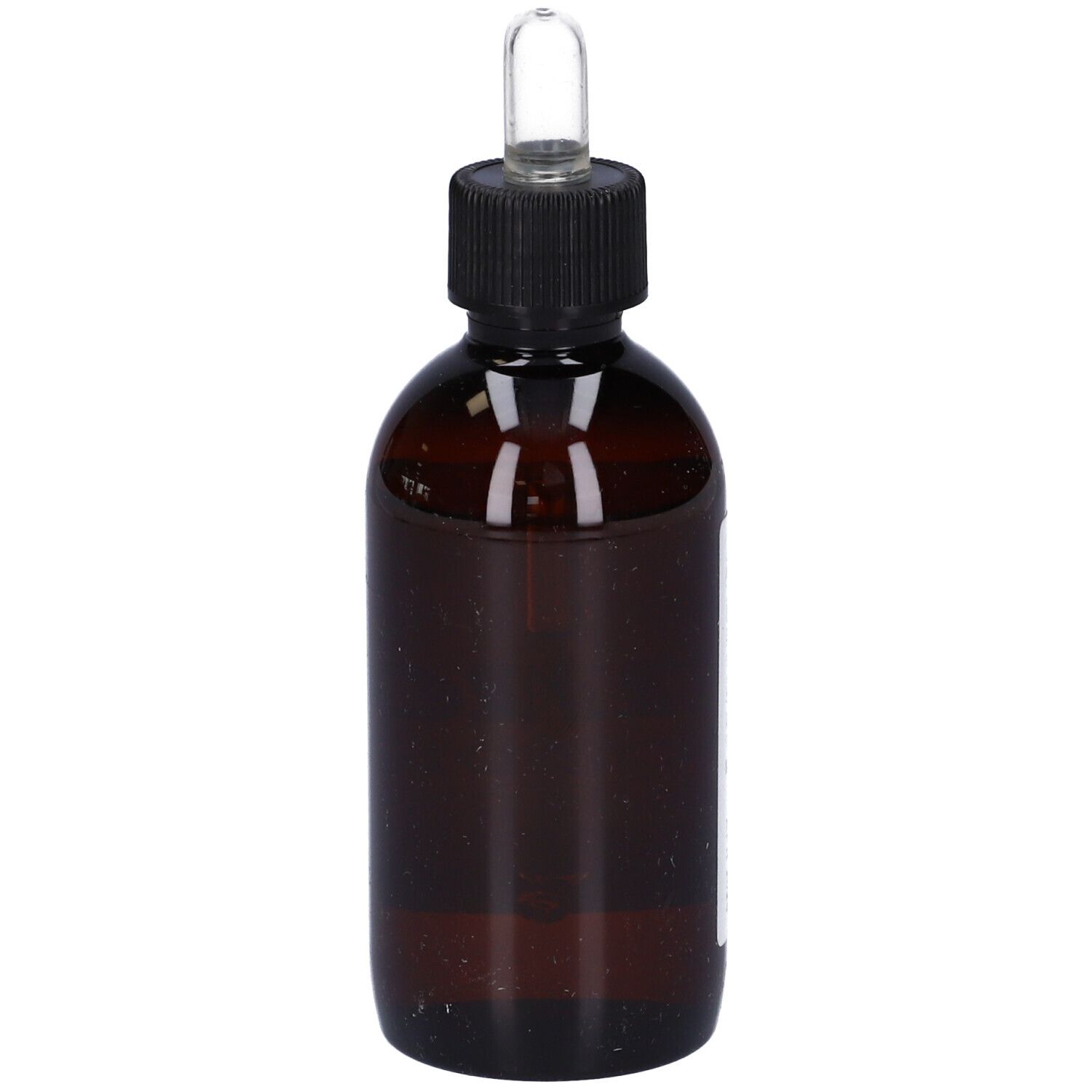 Flacone di vetro marrone con tappo nero e pipetta. Nessuna scritta visibile.