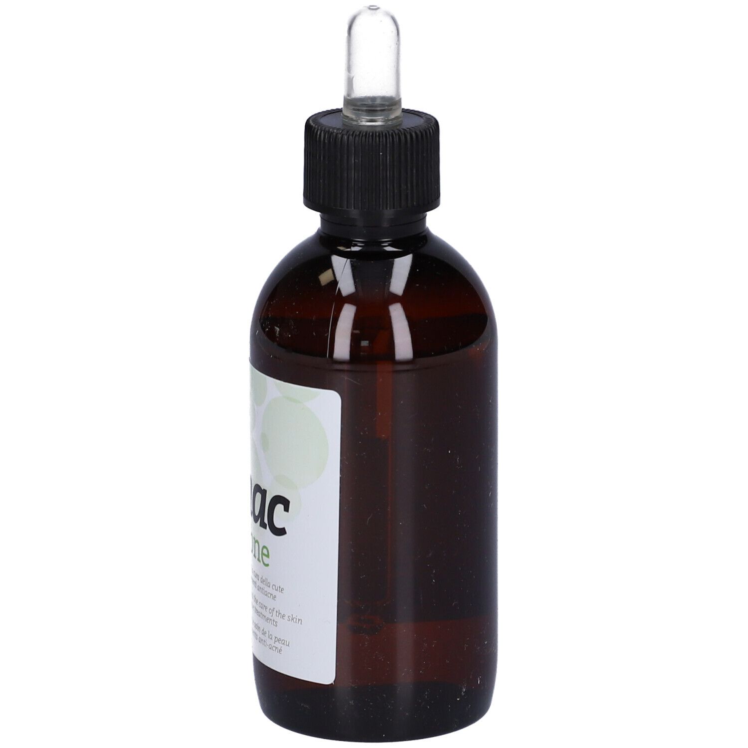 Flacone di vetro marrone con tappo nero e pipetta. Scritta: Innac Lozione.