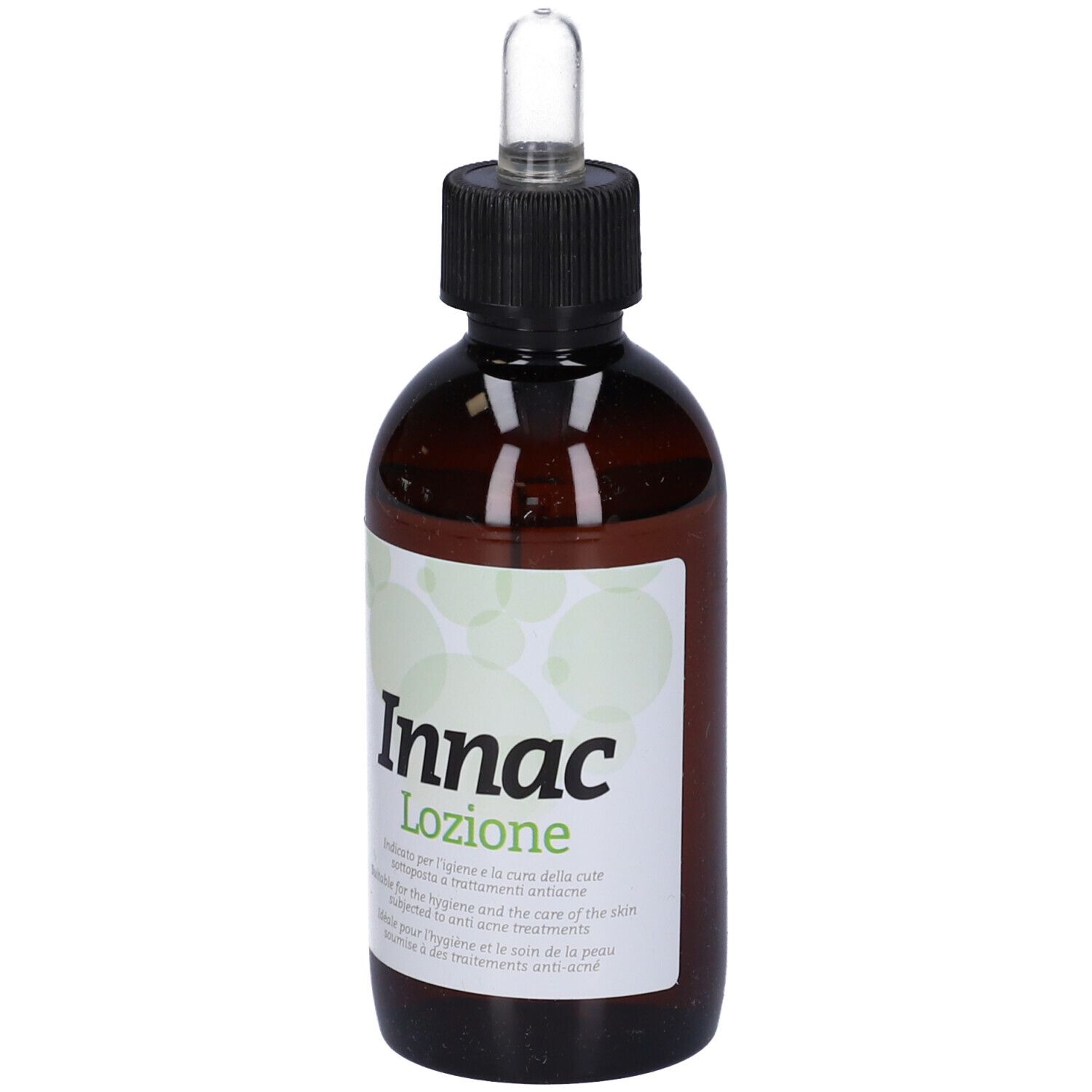Flacone di vetro marrone con tappo nero e pipetta. Scritta: Innac Lozione.