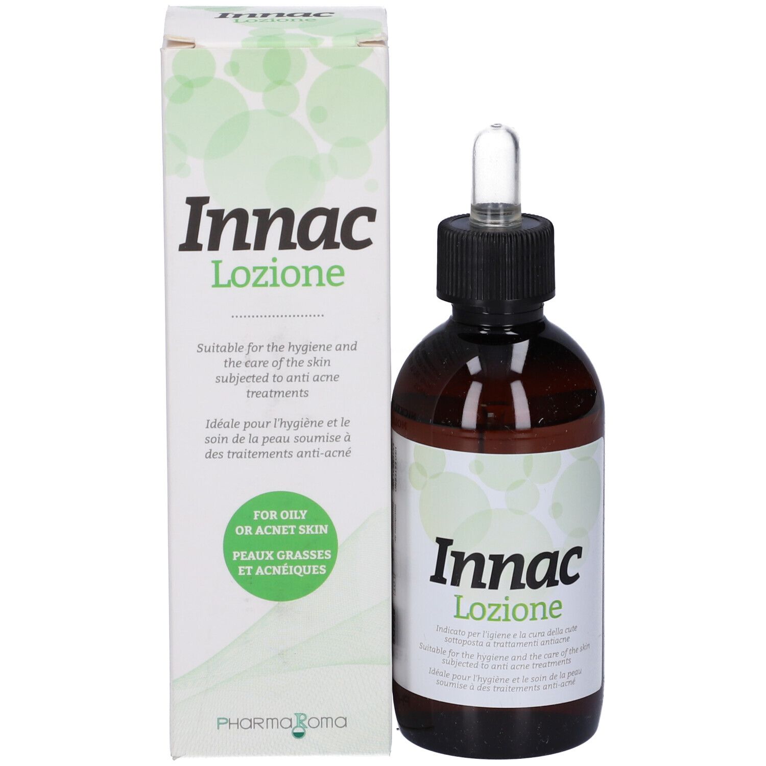 Flacone e confezione del prodotto. Flacone con pipetta, confezione con testo e logo.