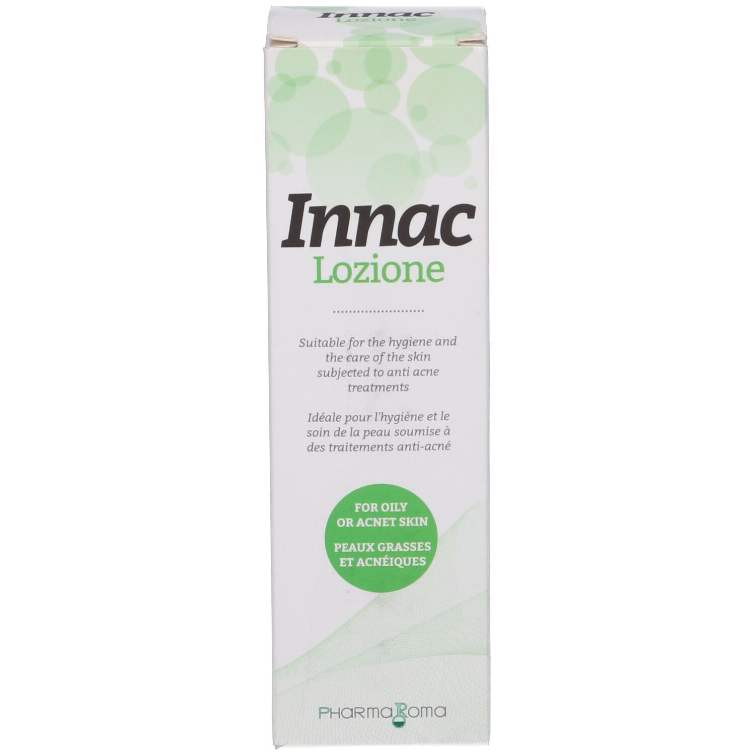 Confezione con testo e logo. Scritta: Innac Lozione. Per pelli grasse o acneiche.