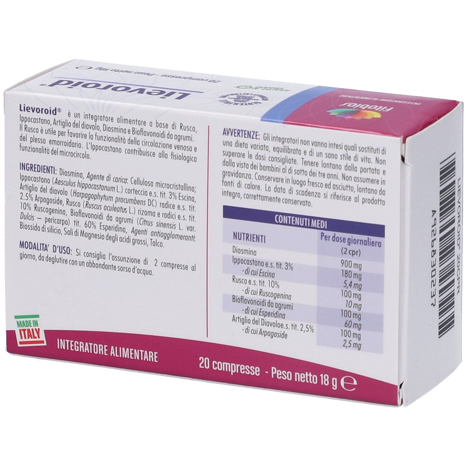 Retro della scatola "Lievoroid". Contiene ingredienti e informazioni nutrizionali. Testo: "20 compresse - Peso netto 18 g". Prodotto in Italia.