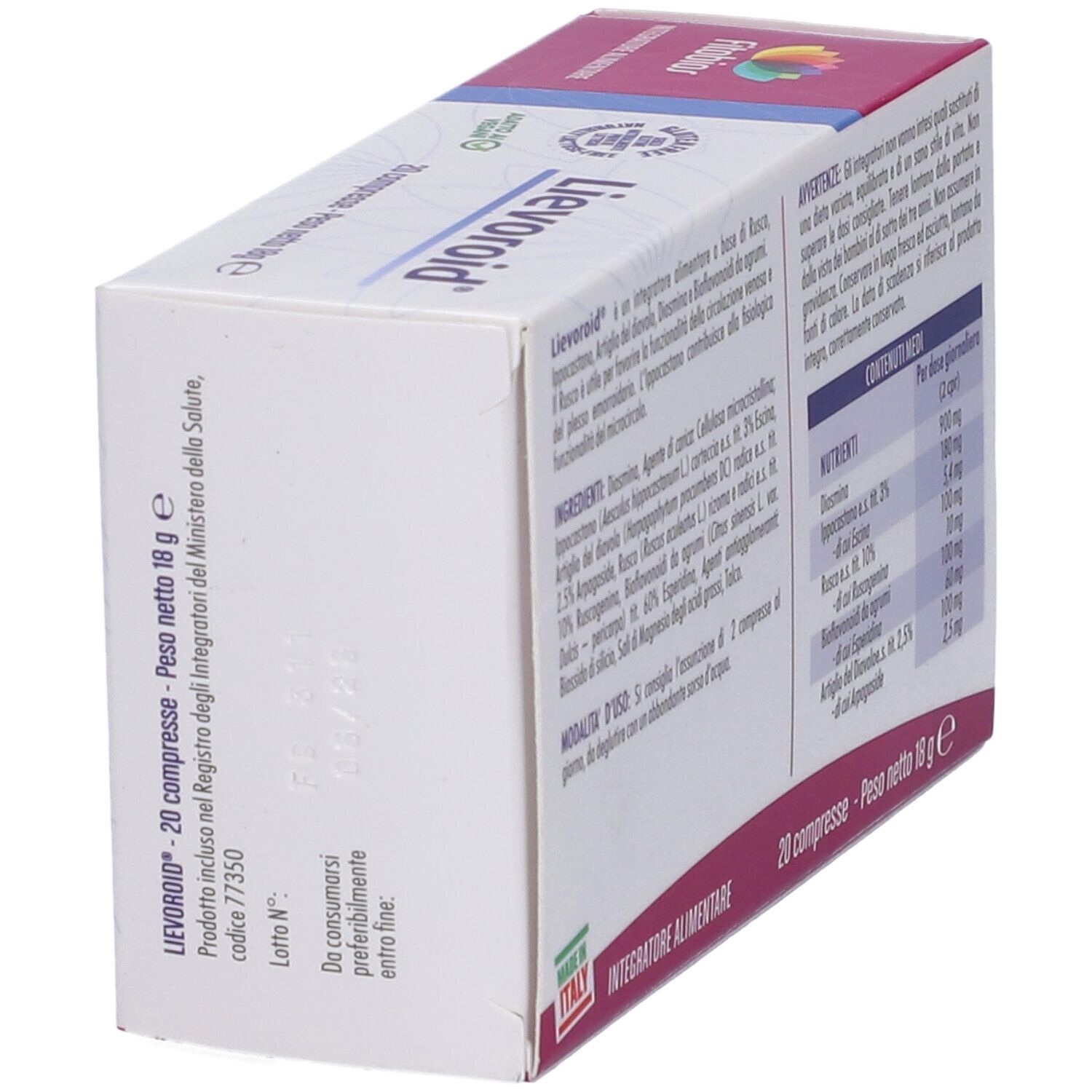 Vista laterale della scatola "Lievoroid". Testo: "20 compresse - Peso netto 18 g". Prodotto in Italia. Data di scadenza.