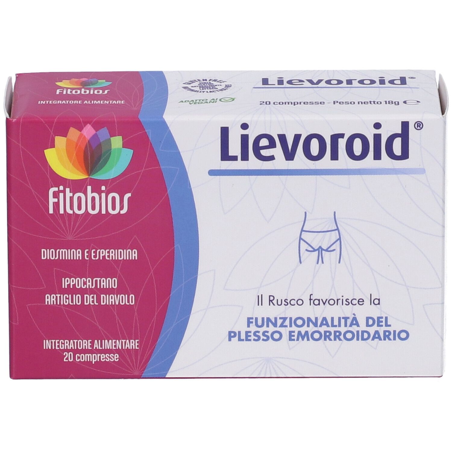 Fronte della scatola "Lievoroid". Logo "Fitobios". Contiene 20 compresse. Testo: "Il Rusco favorisce la funzionalità del plesso emorroidario".