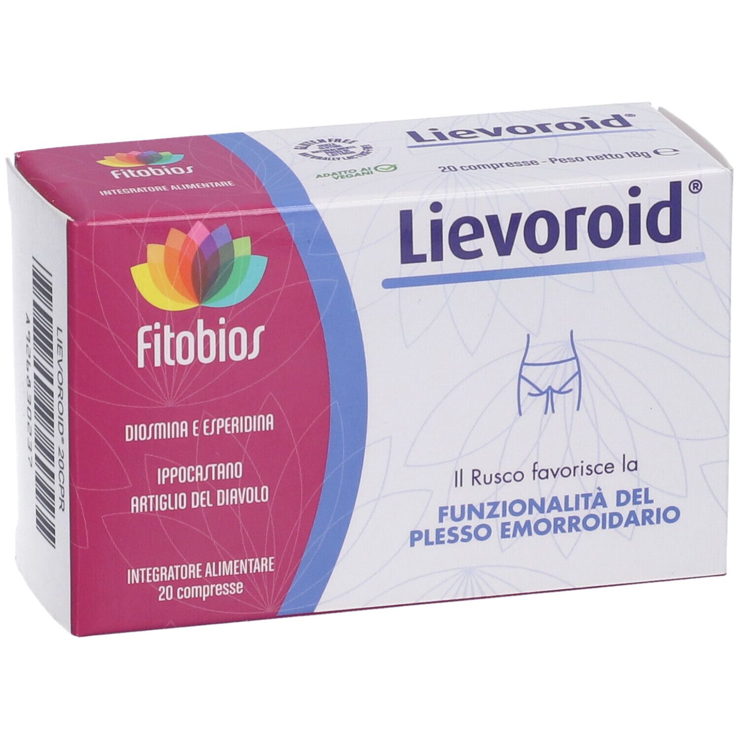 Fronte della scatola "Lievoroid". Logo "Fitobios". Contiene 20 compresse. Testo: "Il Rusco favorisce la funzionalità del plesso emorroidario".