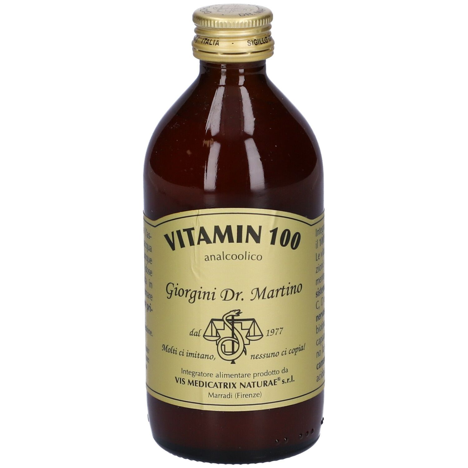 Bottiglia di vetro marrone con tappo dorato ed etichetta. L'etichetta riporta "Vitamin 100 analcolico".