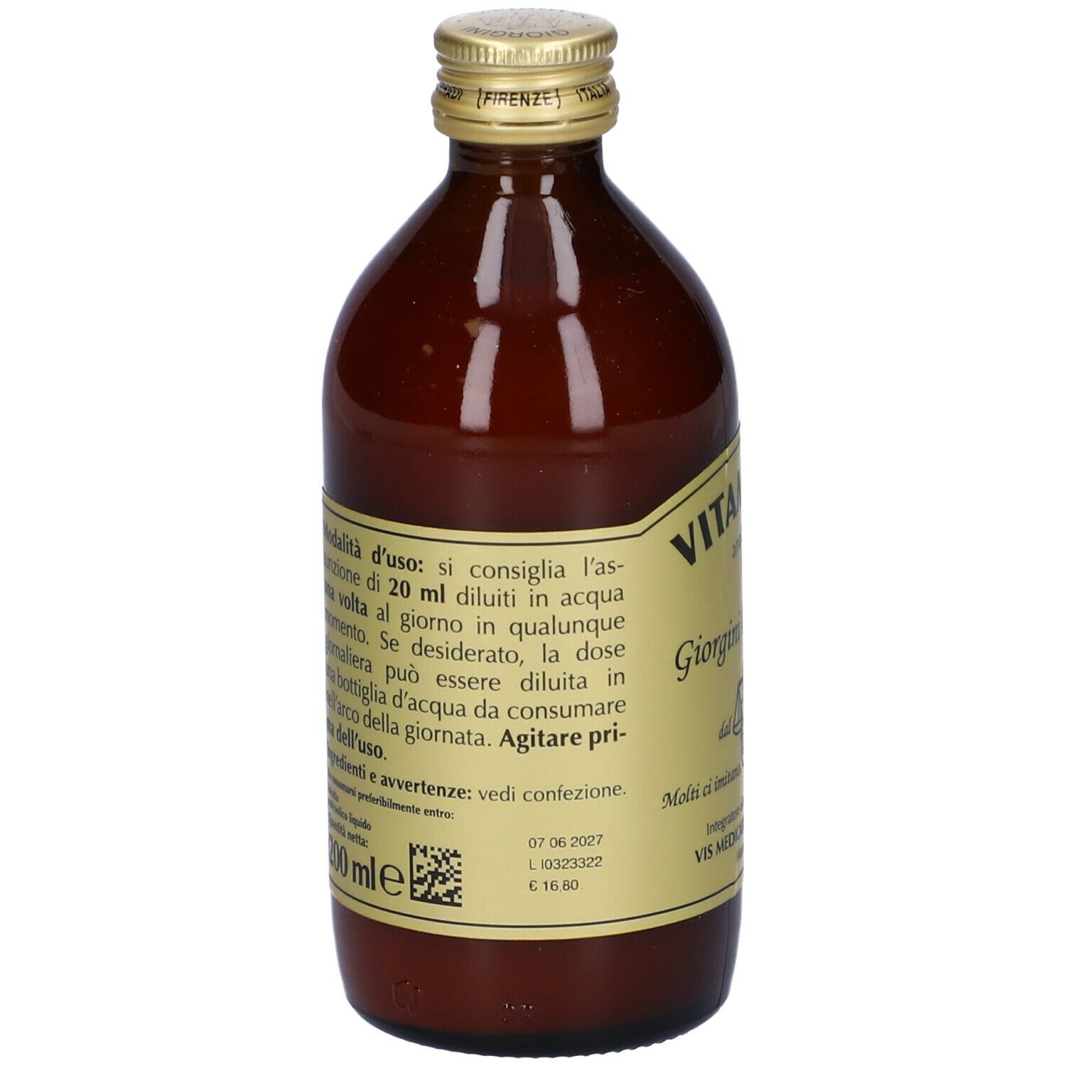 Bottiglia di vetro marrone con tappo dorato ed etichetta. Testo sull'etichetta, tra cui "200 ml".