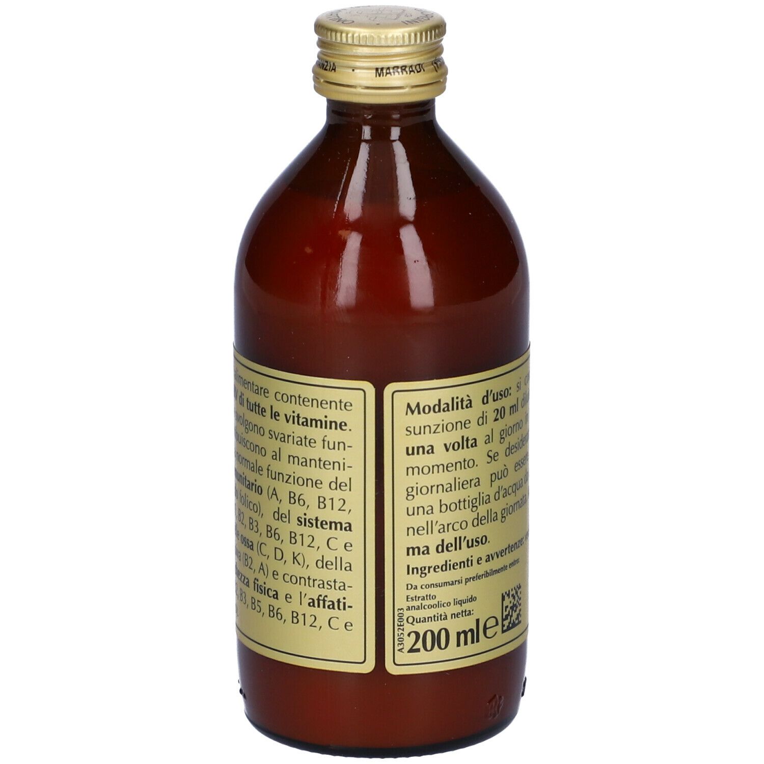 Bottiglia di vetro marrone con tappo dorato ed etichetta. Testo sull'etichetta, tra cui "200 ml".