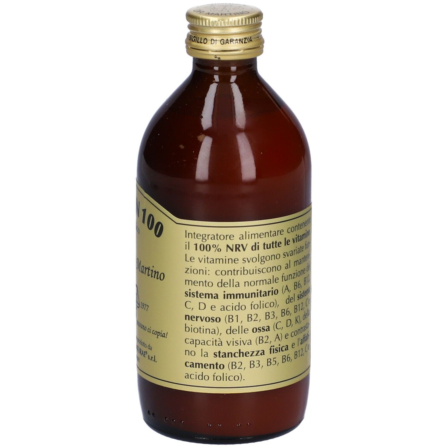 Bottiglia di vetro marrone con tappo dorato ed etichetta. L'etichetta riporta "Vitamin 100 analcolico".